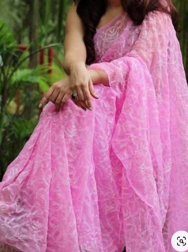 Embroidered Lucknow Chikankari Georgette Saree-image-4