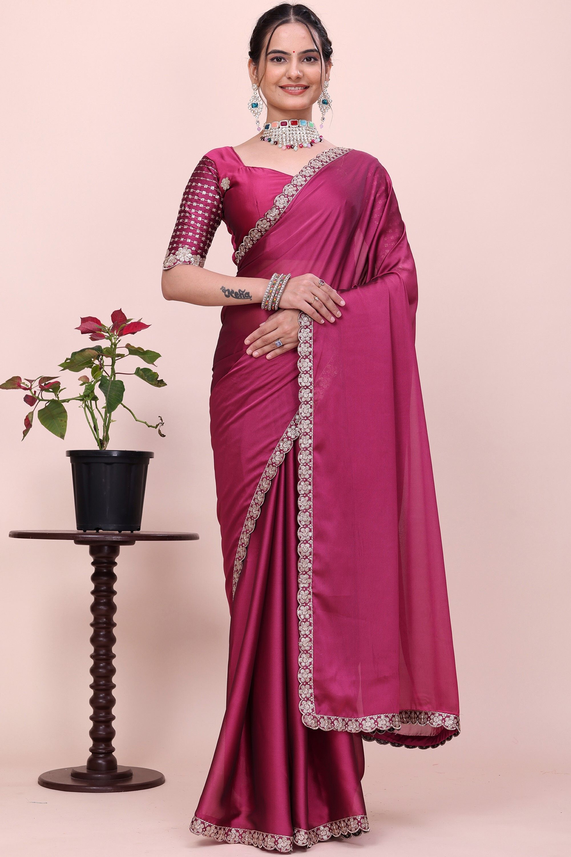 Solid/Plain Bollywood Chiffon Saree-image-2