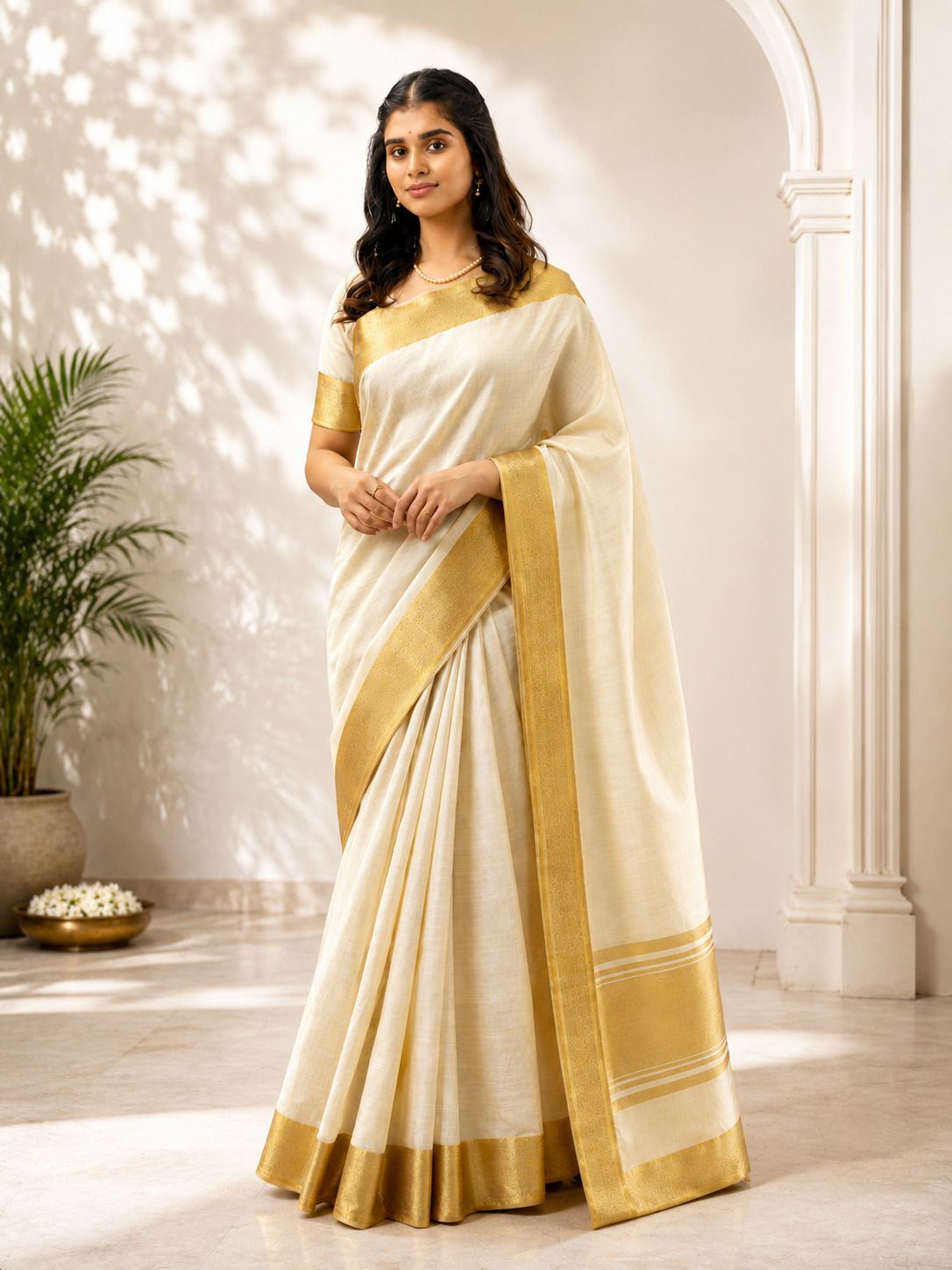 morpeench trends Solid/Plain, Woven Kasavu Silk Blend, Tussar Silk Saree-picture-27