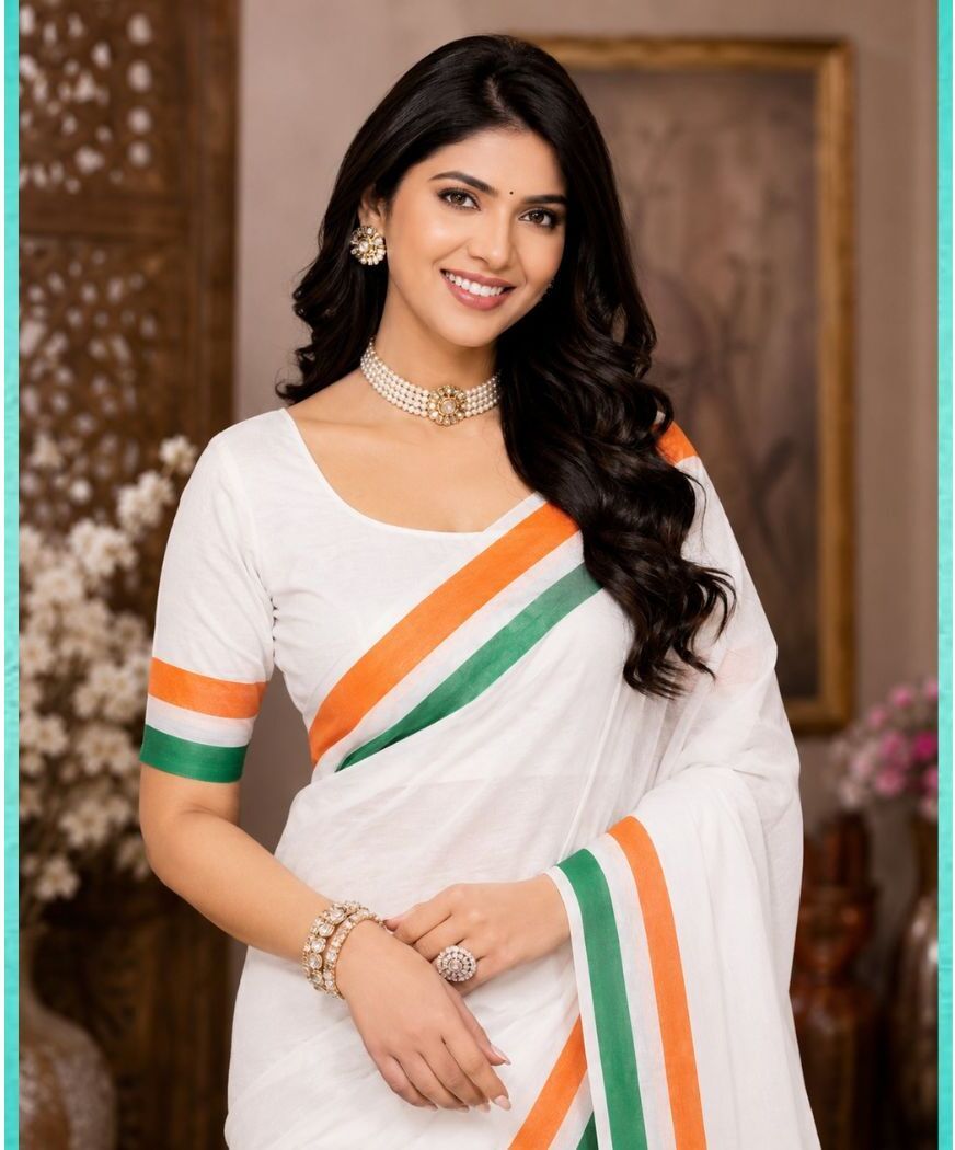Solid/Plain, Striped Bollywood Cotton Blend Saree-image-35