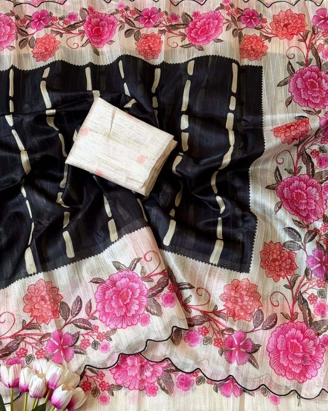 jishaa Floral Print, Striped, Printed Bollywood Linen Saree-picture-21