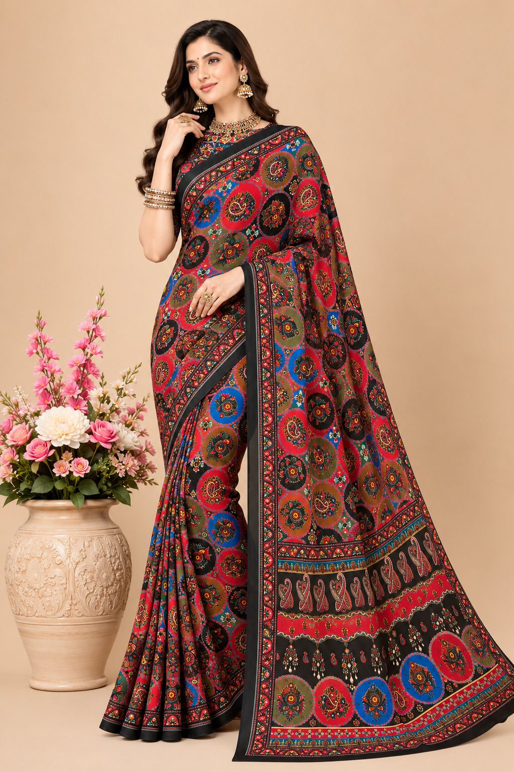 Floral Print Bandhani Georgette Saree-image-28
