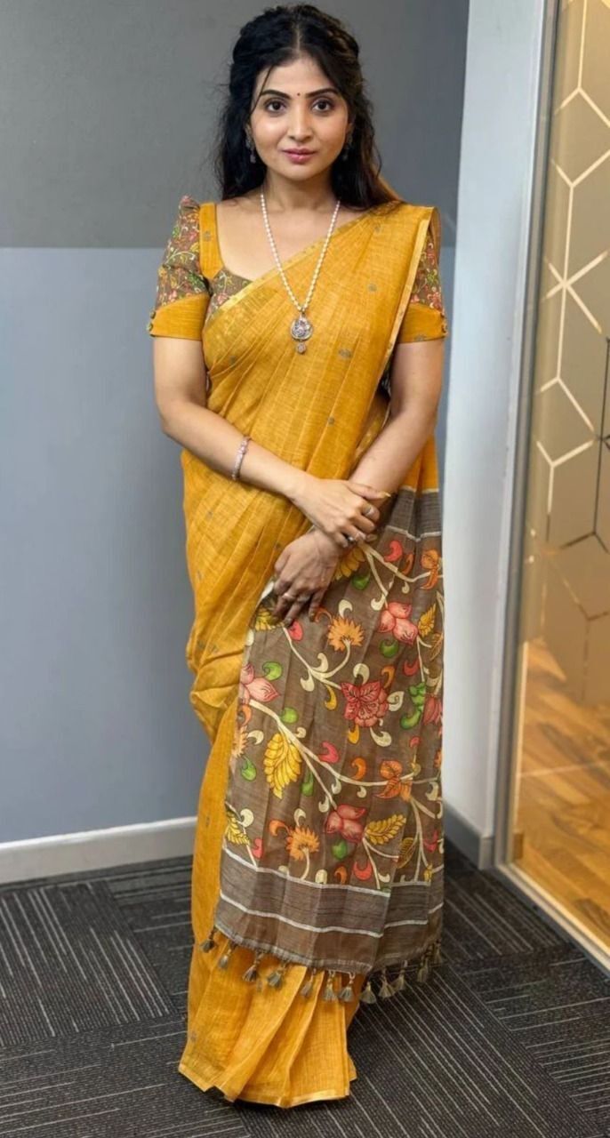 Printed Bollywood Linen, Cotton Blend Saree-image-41