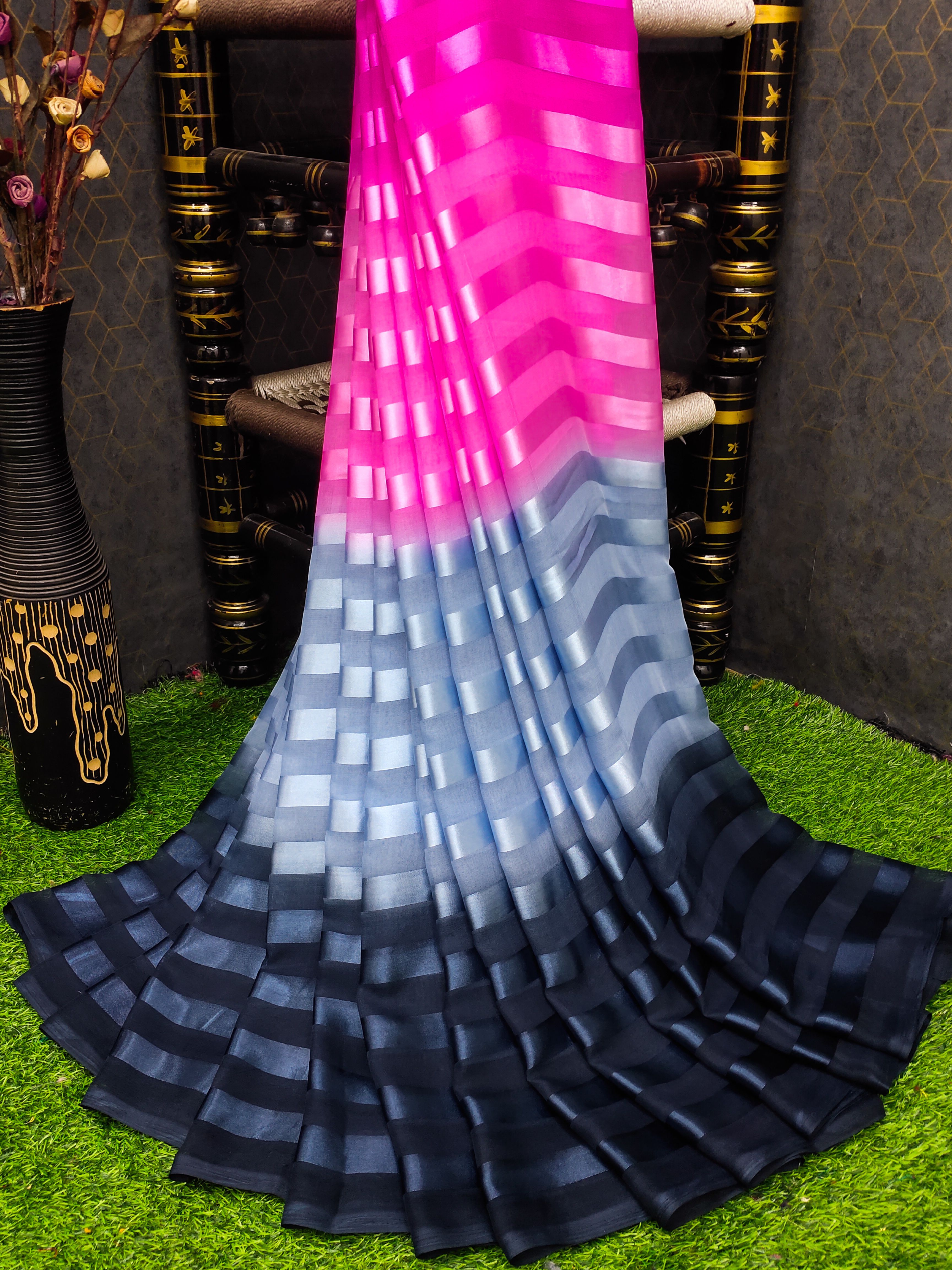 Ombre, Striped, Self Design Bollywood Satin Saree-image-29