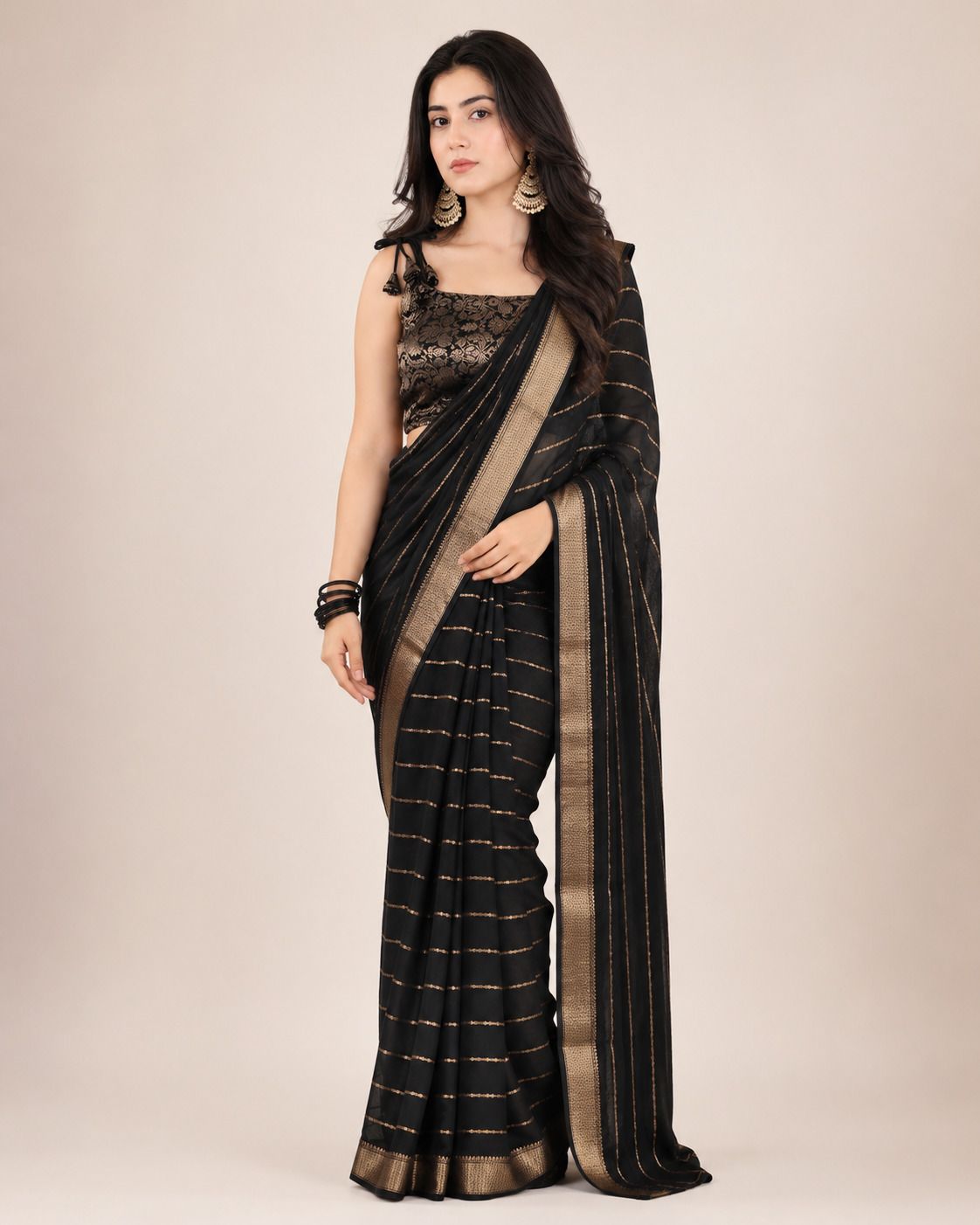 Striped, Woven Banarasi Art Silk Saree-image-21