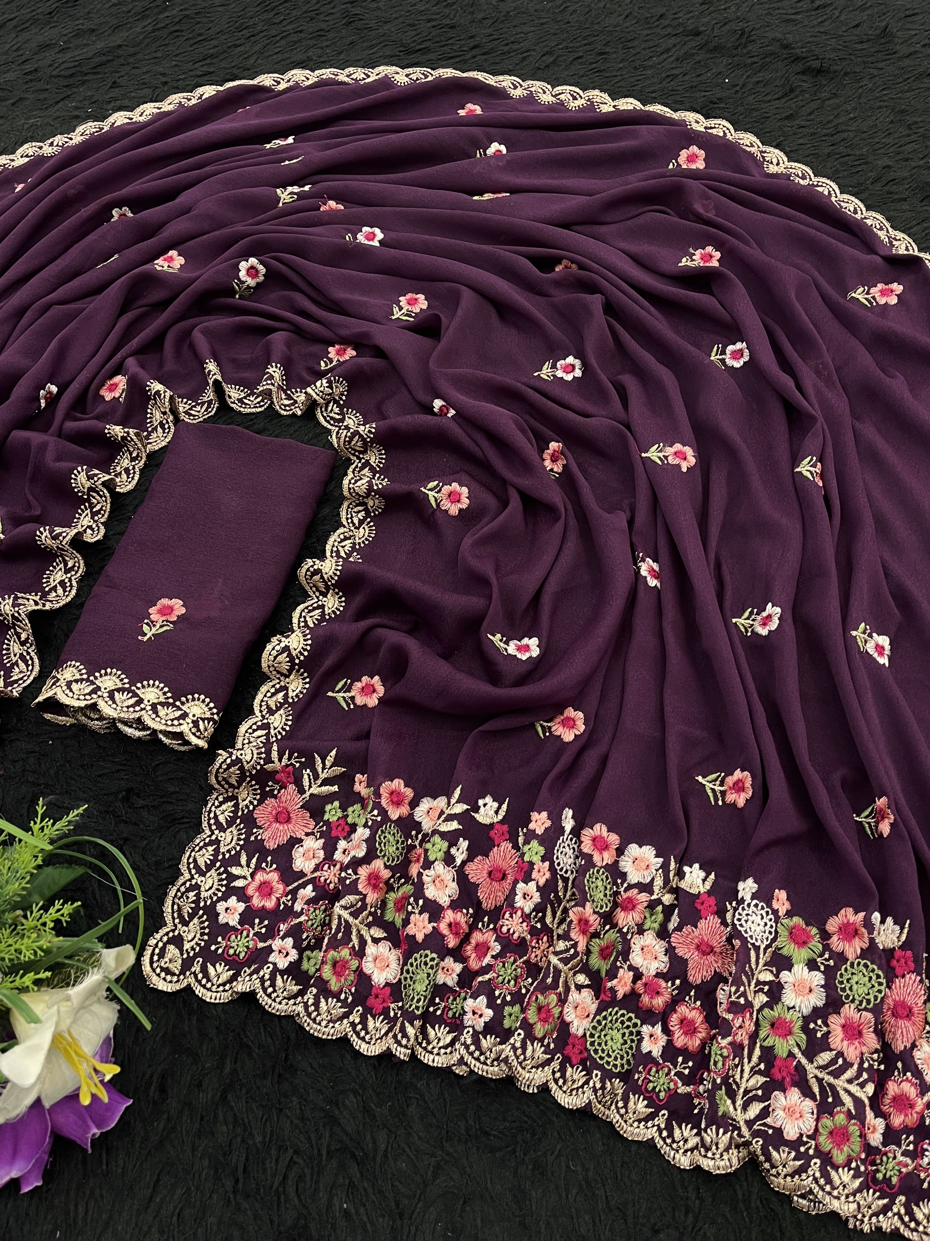 Solid/Plain, Embroidered Bollywood Georgette Saree-image-31