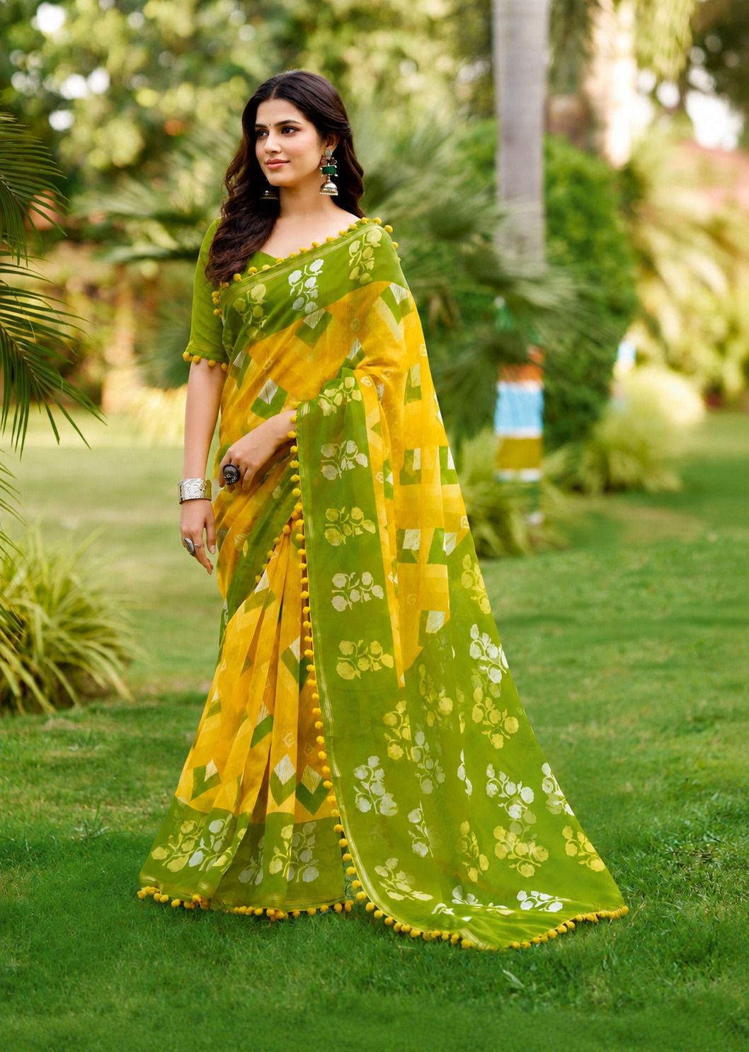 nirave fashion Floral Print, Geometric Print Hand Batik Cotton Linen Saree-picture-28