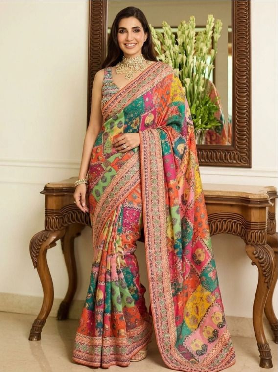 trivenza Embroidered, Floral Print, Paisley, Embellished, Digital Print Bollywood Chiffon Saree-picture-26