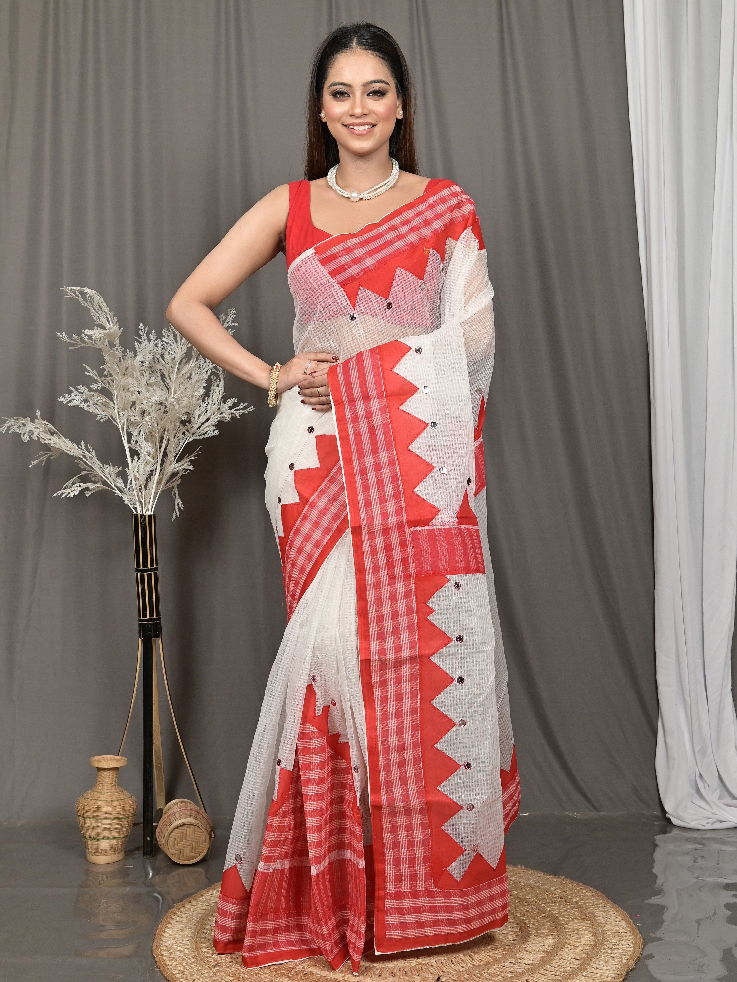 Checkered, Woven, Striped, Applique, Embellished Handloom Pure Cotton Saree-image-18