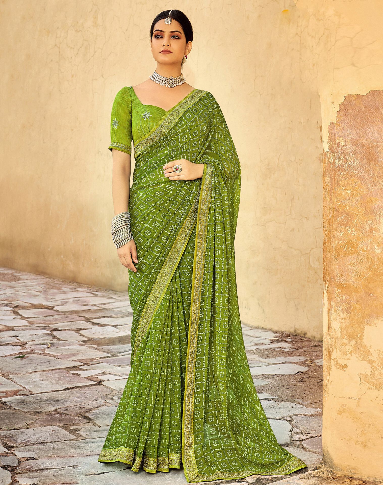 siril Striped, Embellished Bandhani Georgette Saree-picture-11