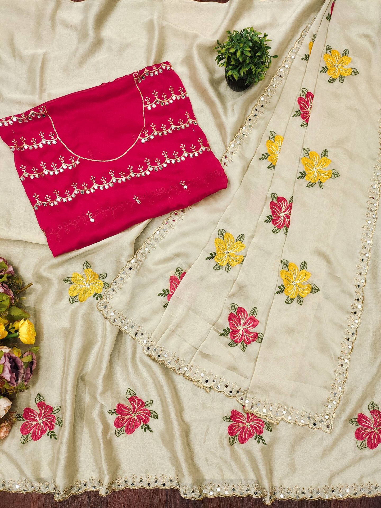 Unstitched Silk Blend Blouse Material Embroidered