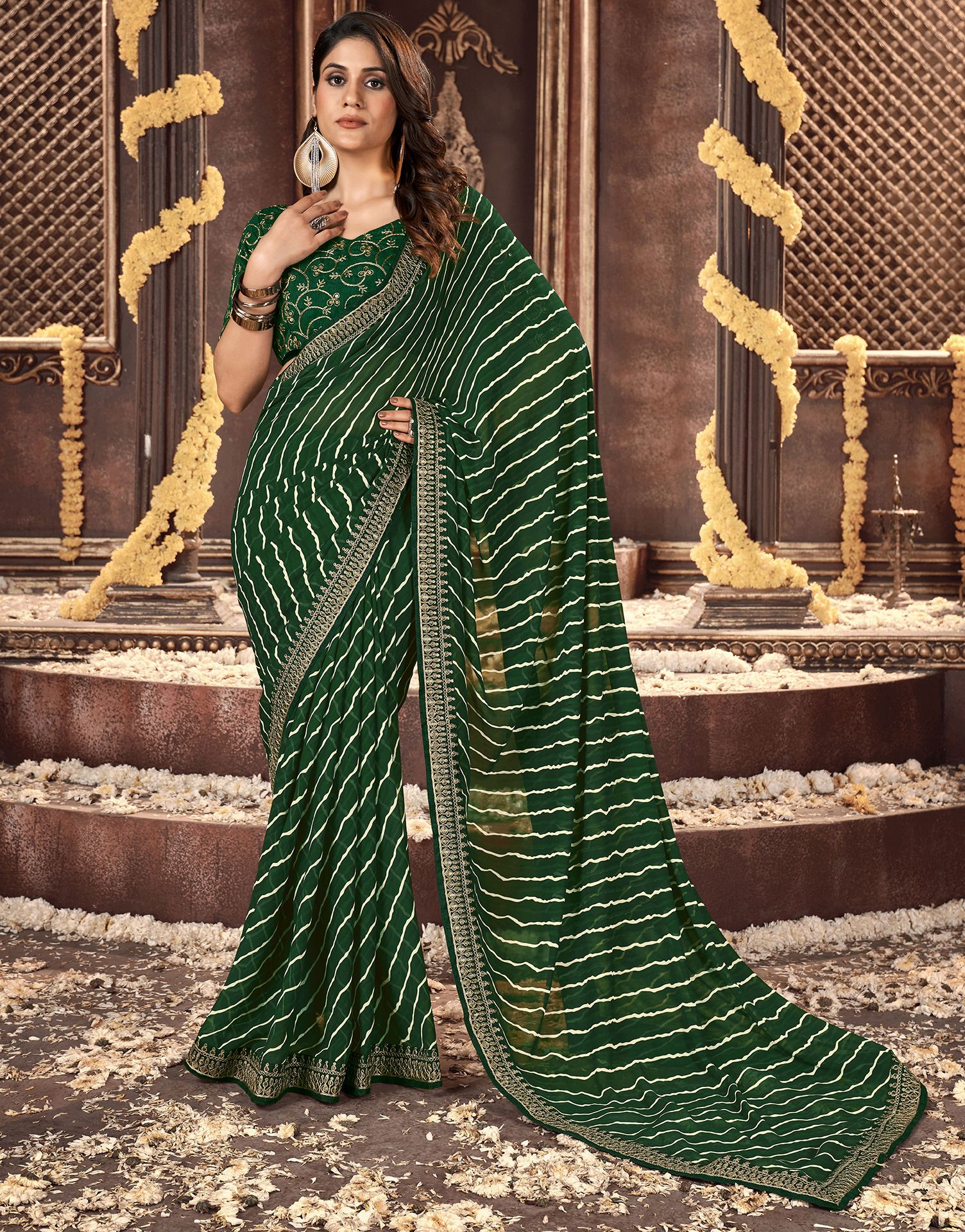 satrani Printed, Embroidered, Embellished Leheria Chiffon, Georgette Saree-picture-15