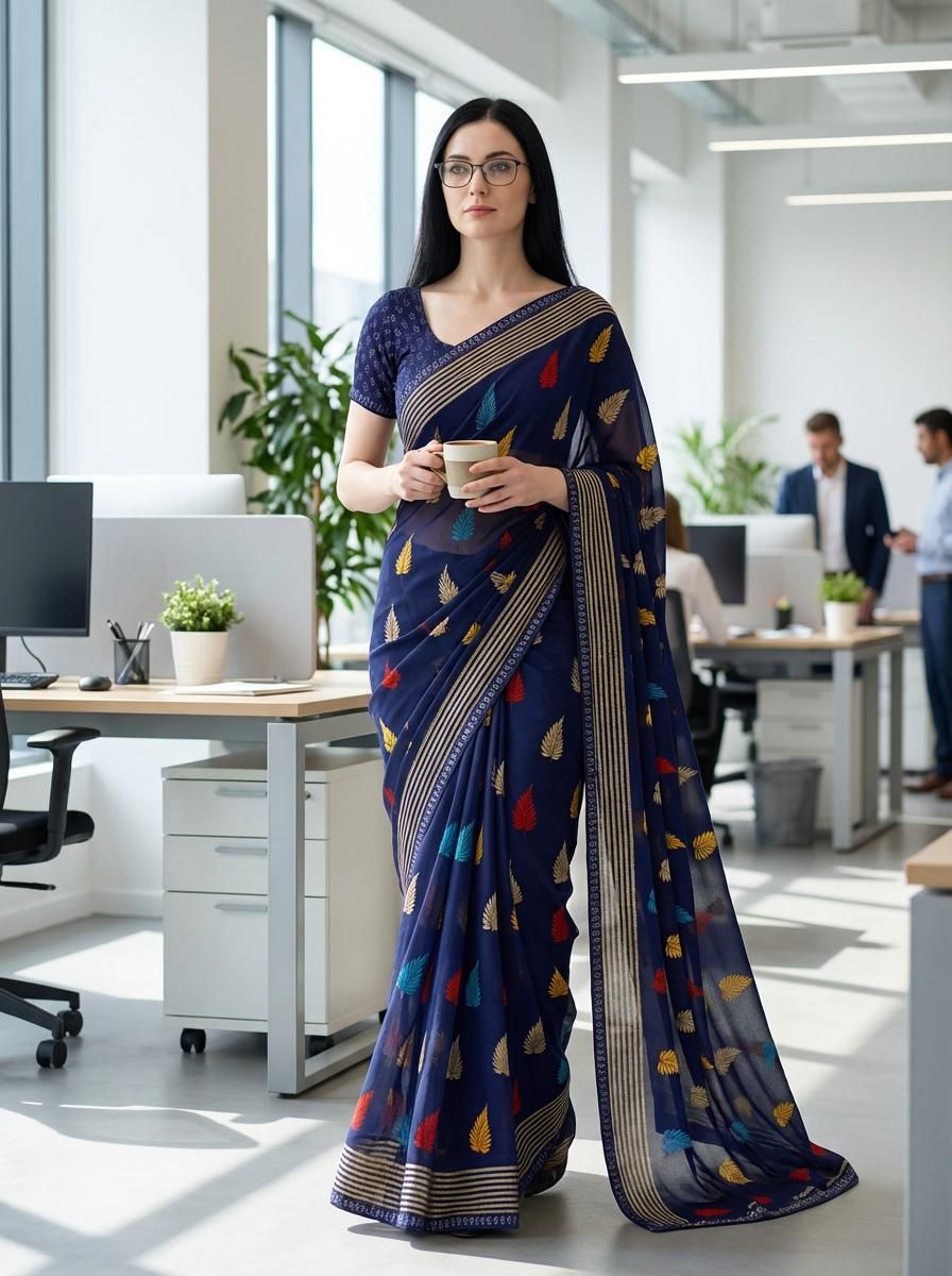 Embellished, Striped, Floral Print Daily Wear Georgette Saree-image-42