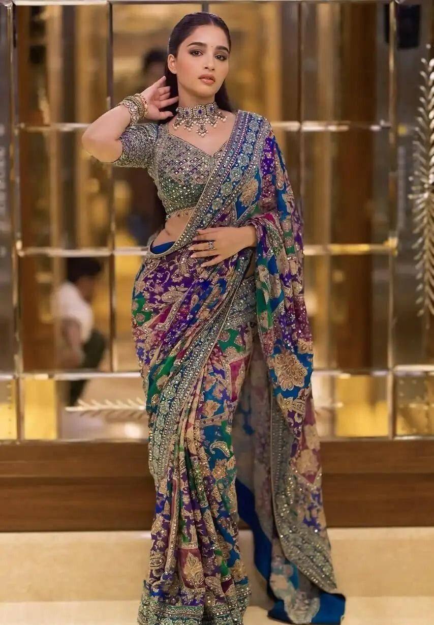 Embroidered, Embellished, Woven Bollywood Silk Blend Saree-image-5