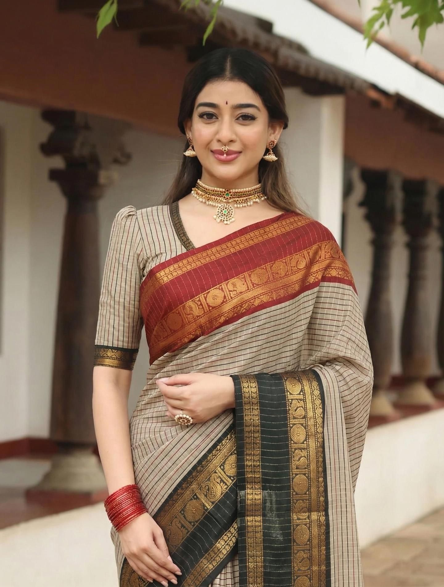 villagius Checkered, Woven Kanjivaram Tissue, Cotton Silk Saree-picture-23