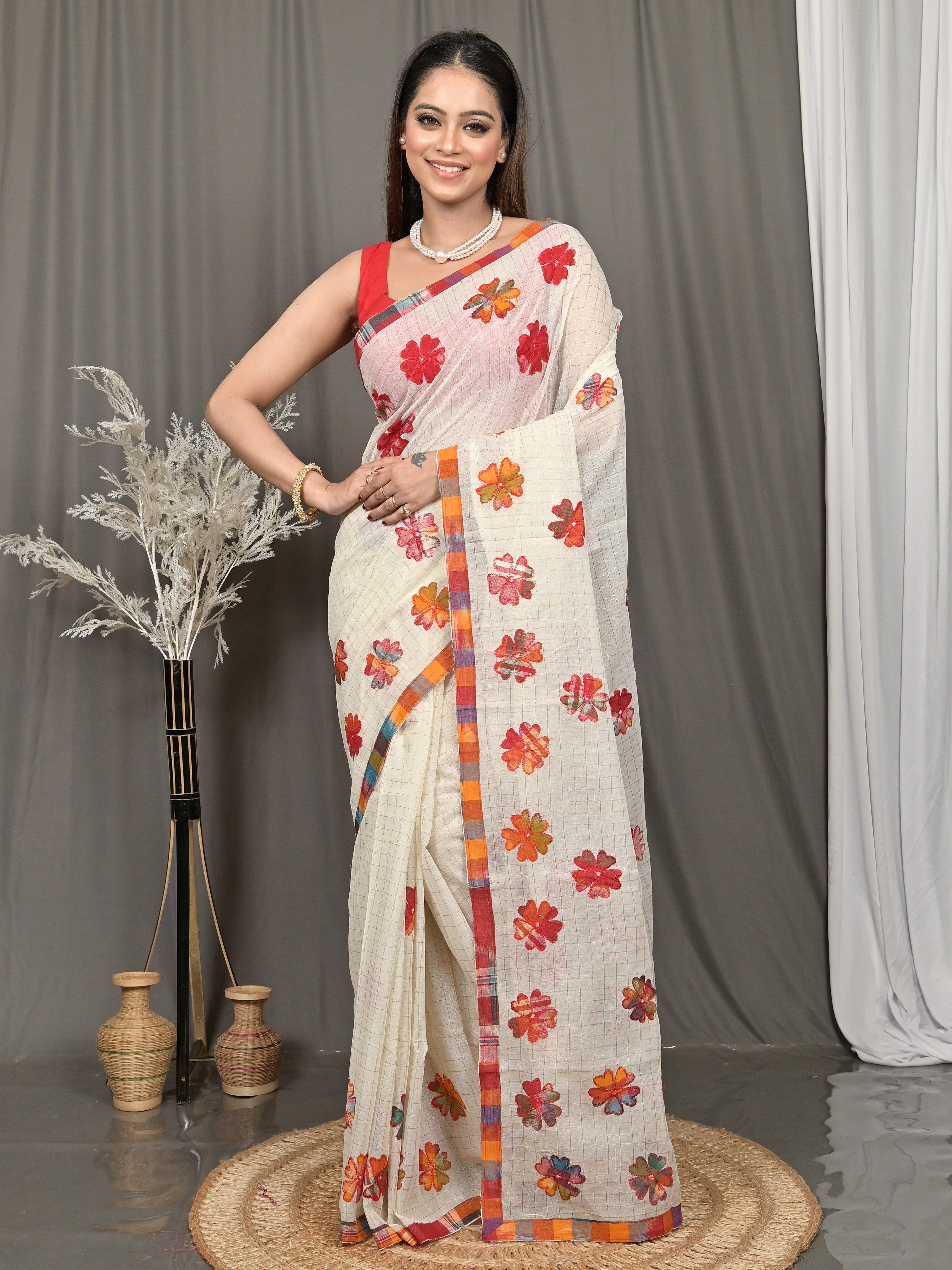 Checkered, Woven, Striped, Applique, Embellished Handloom Pure Cotton Saree-image-19