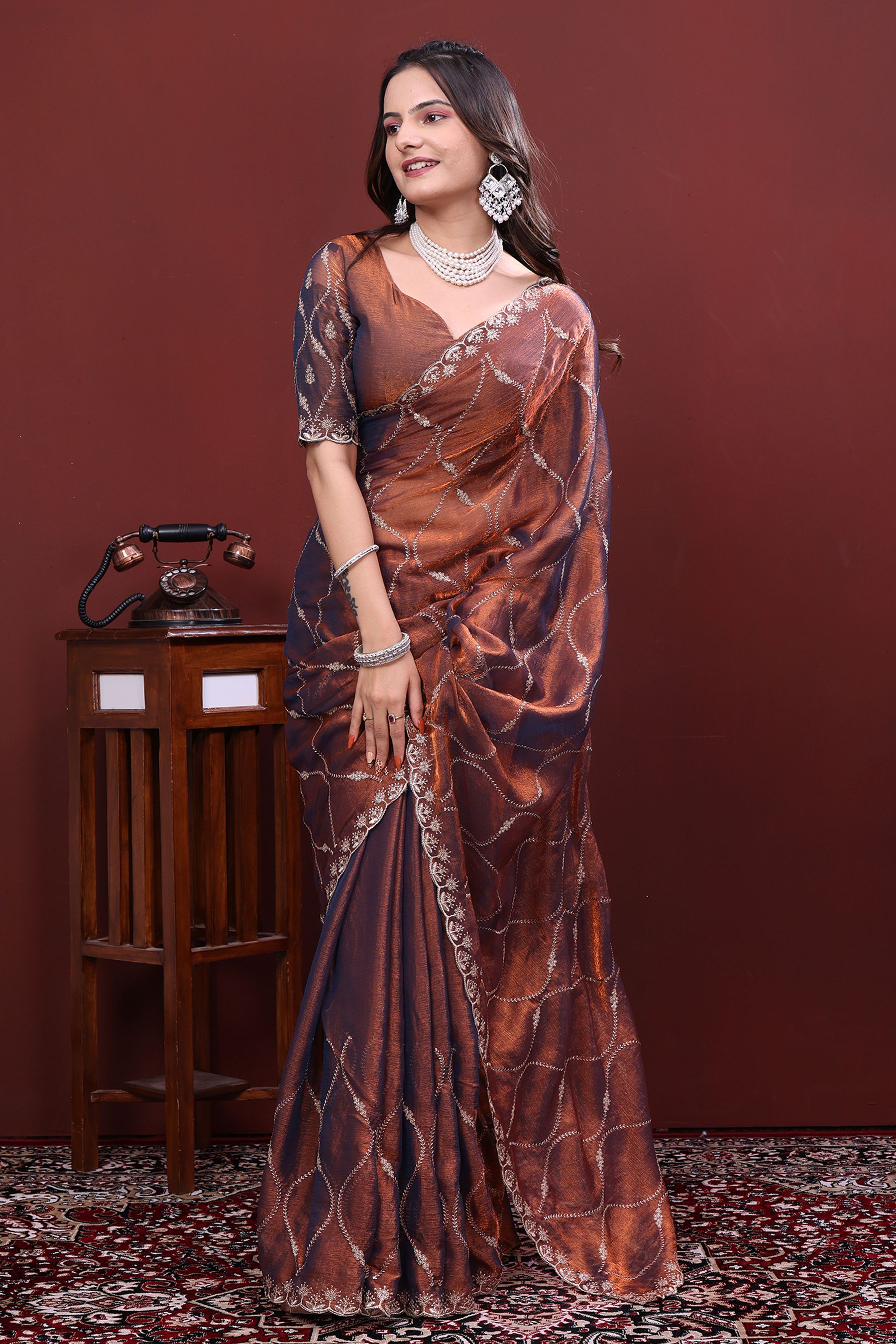 Self Design, Embroidered, Floral Print Bollywood Jimmy Jimmy Saree-image-4
