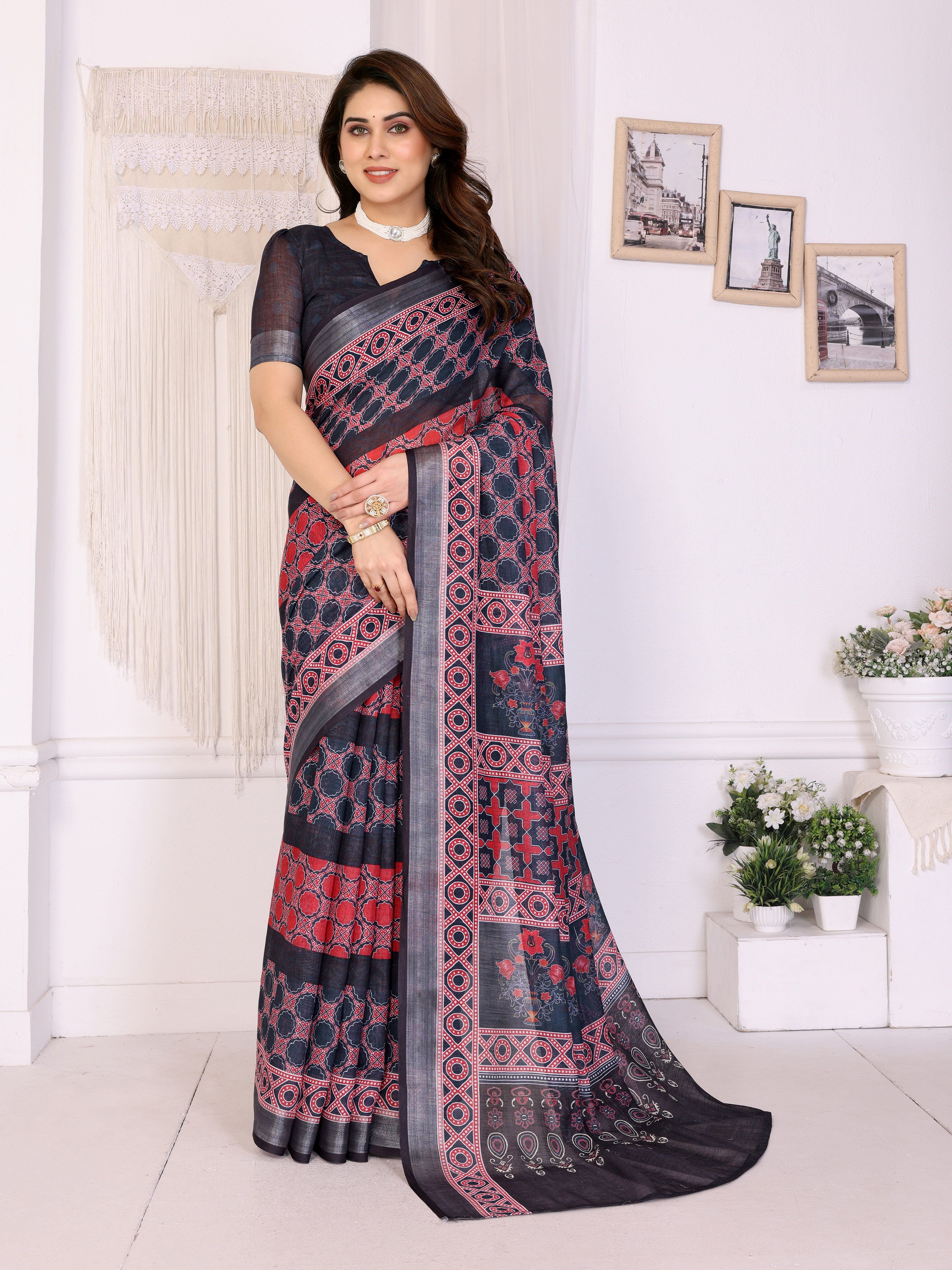 Digital Print Daily Wear Cotton Linen Saree-image-25