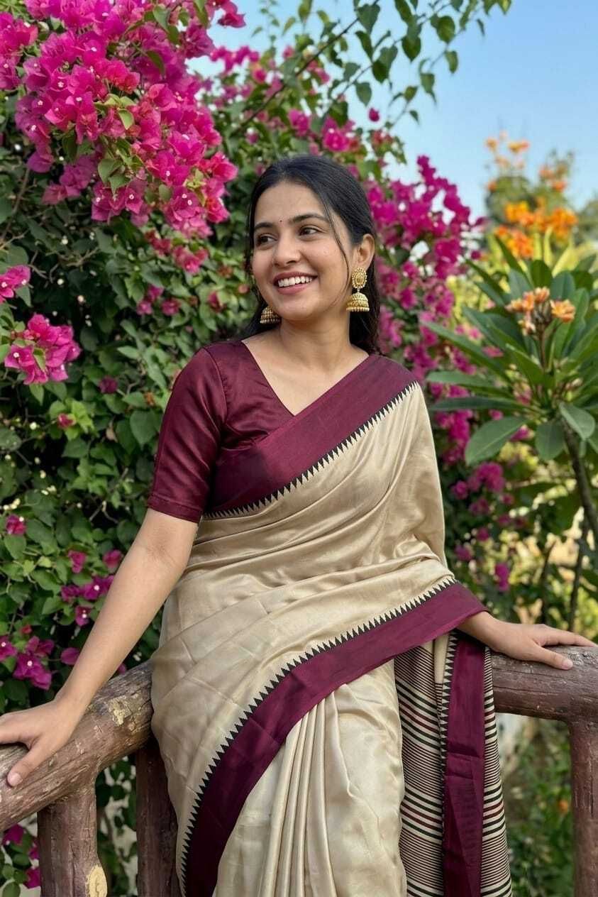 Solid/Plain, Woven, Temple Border Daily Wear Polyester Saree-image-30
