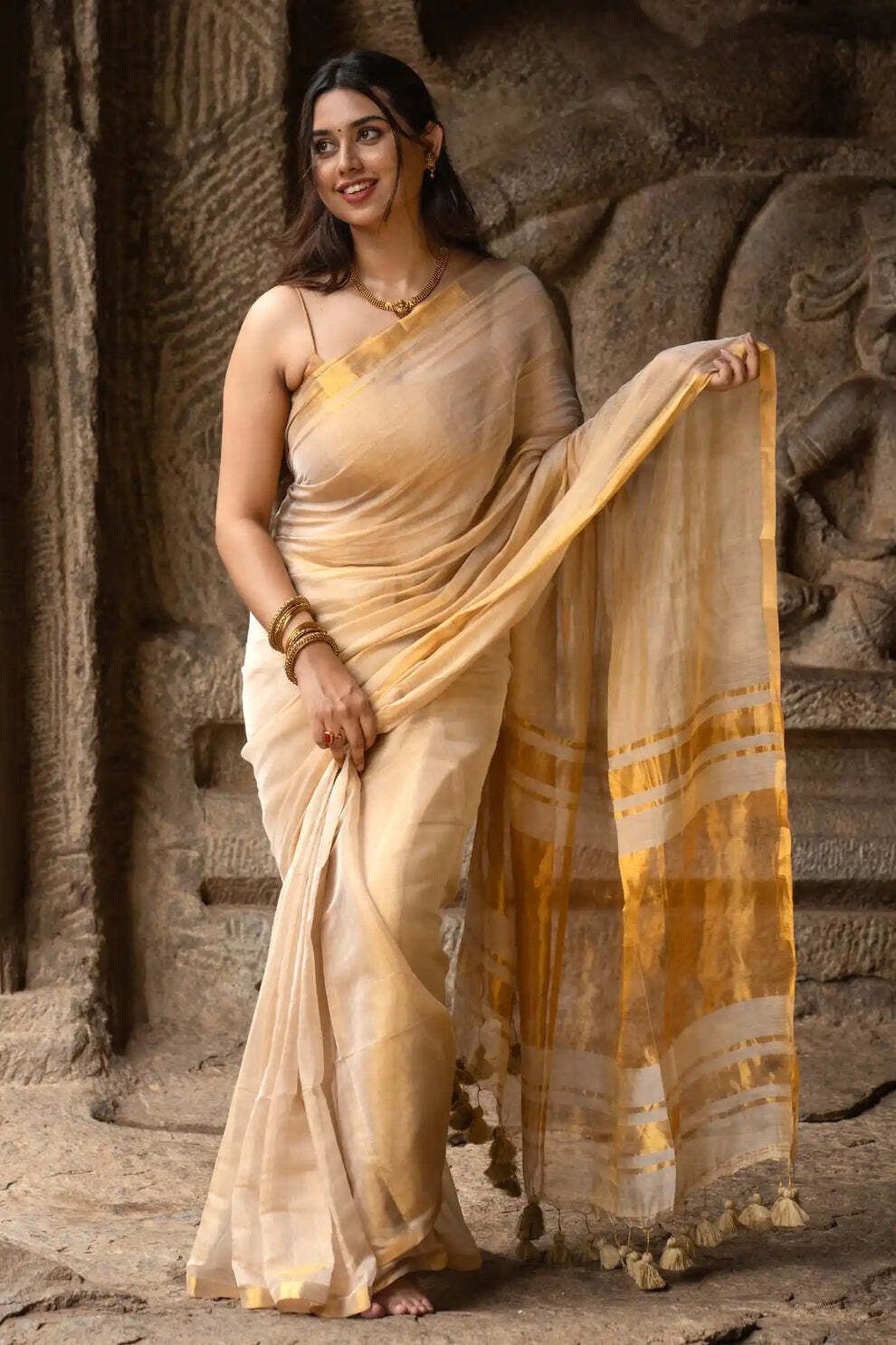 Woven, Solid/Plain, Striped, Self Design Handloom Tissue Saree-image-42