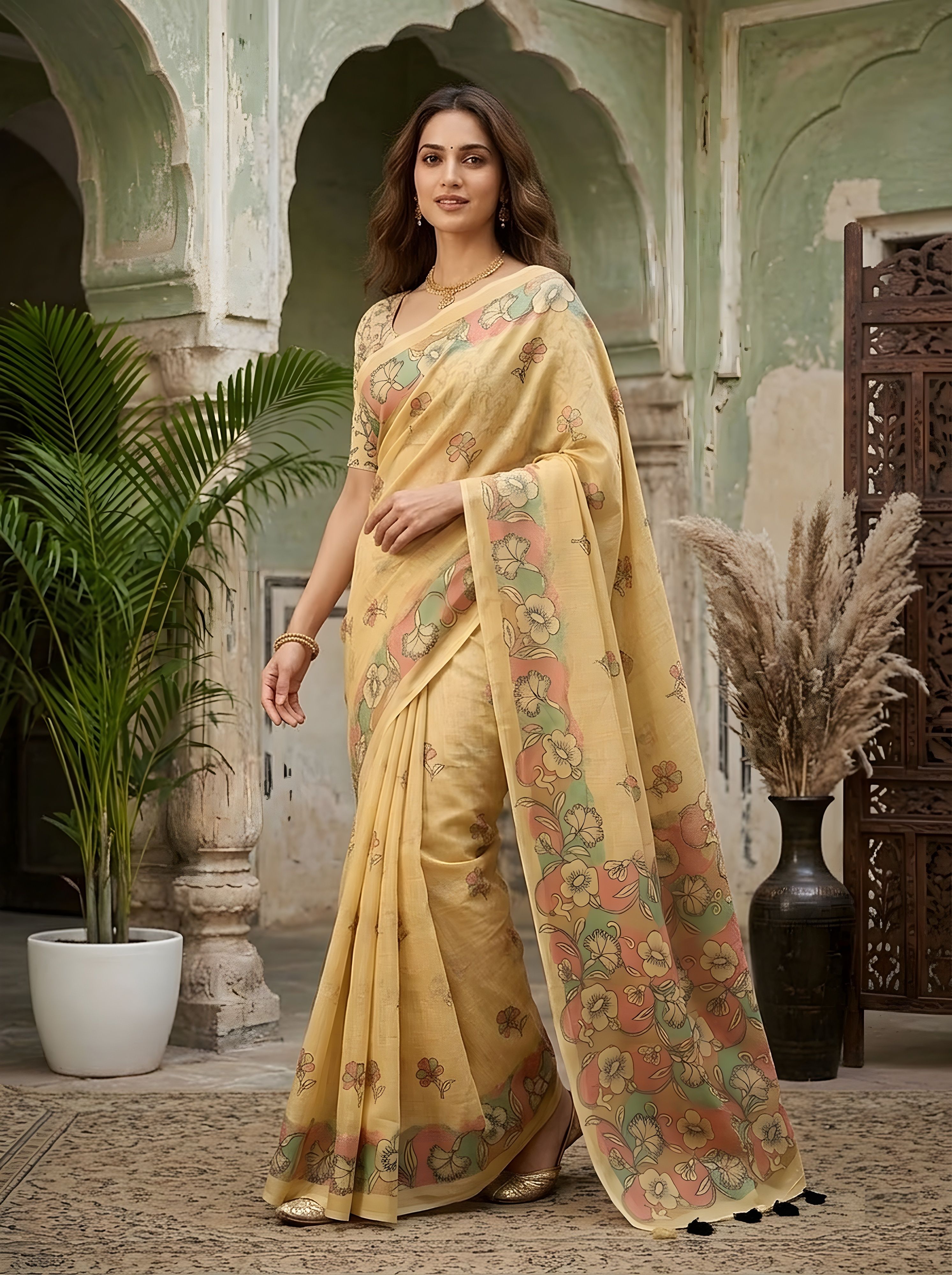 Floral Print Bollywood Cotton Linen Saree-image-15