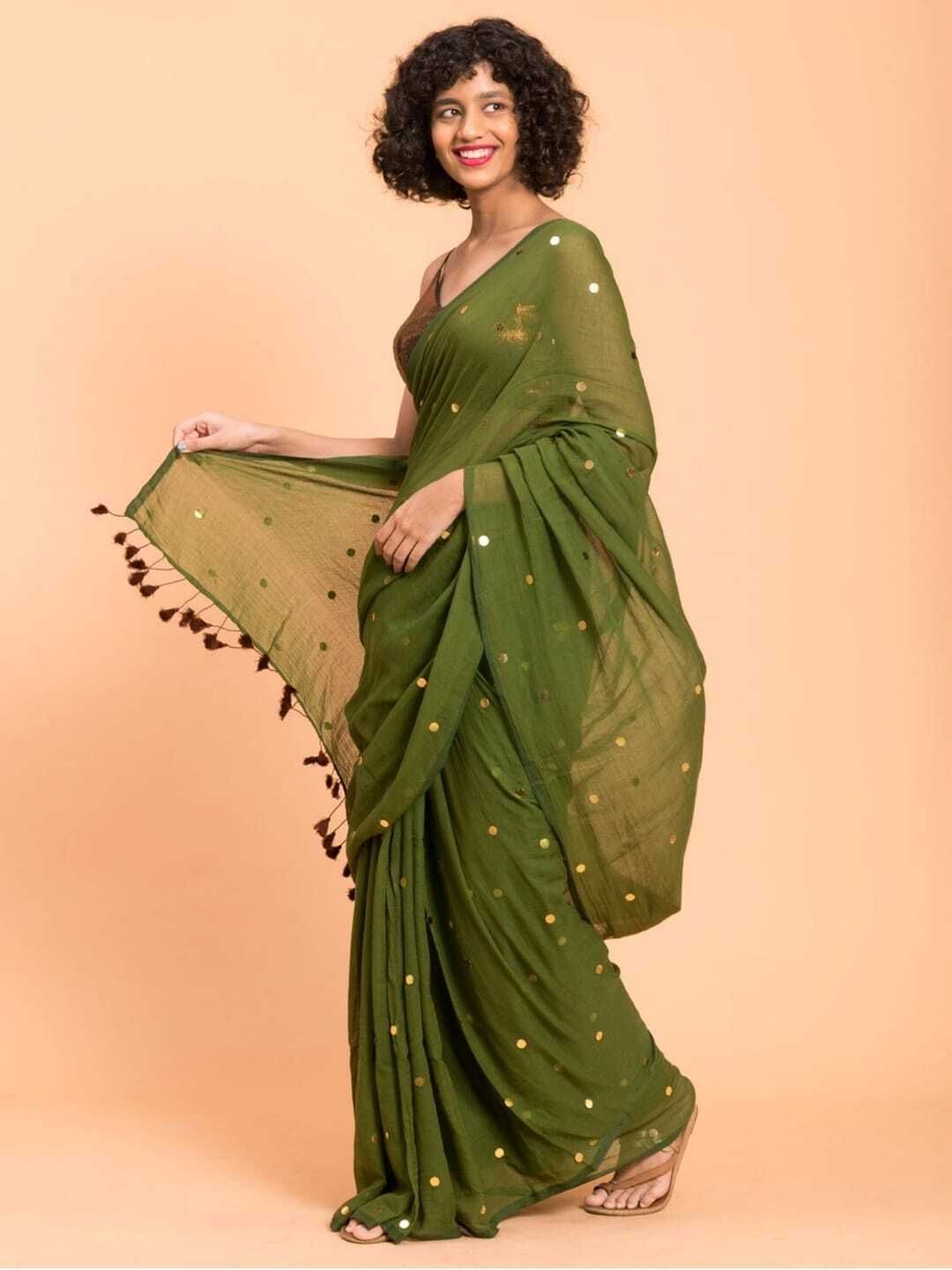 Solid/Plain, Polka Print Handloom Cotton Blend Saree-image-43