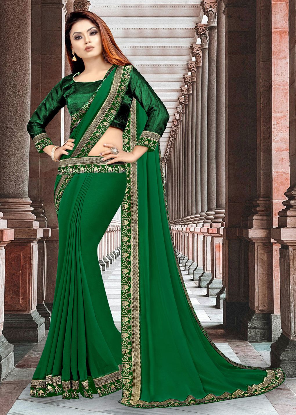 hnc retail Temple Border, Solid/Plain Bollywood Lycra Blend, Chiffon Saree-picture-24