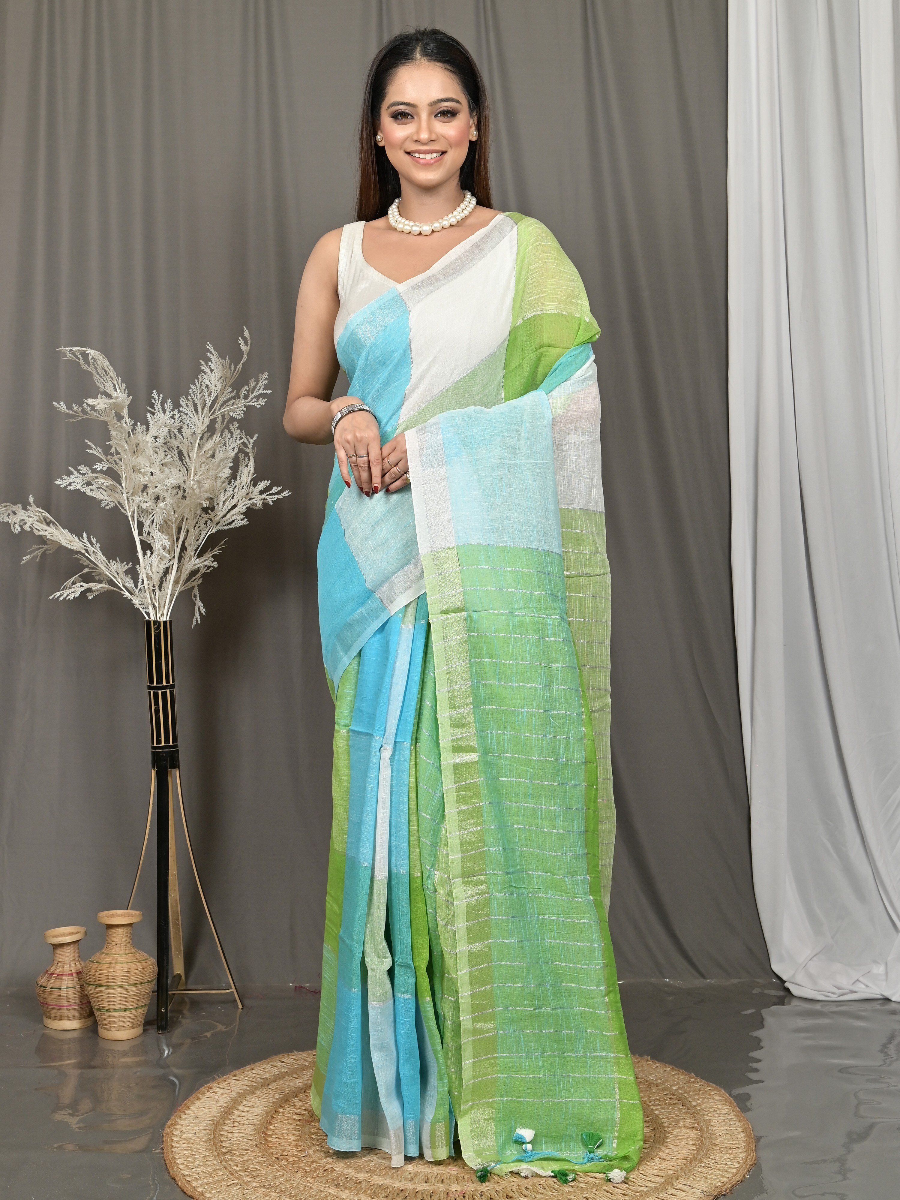 Striped, Color Block, Woven, Self Design Ikkat Pure Cotton Saree-image-27