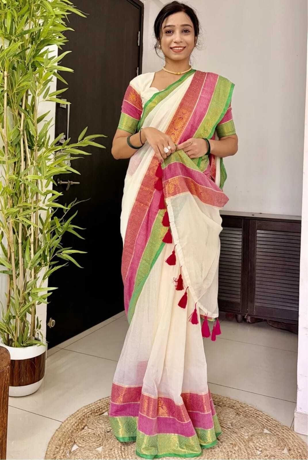 Temple Border, Woven, Self Design, Solid/Plain Handloom Cotton Blend Saree-image-15