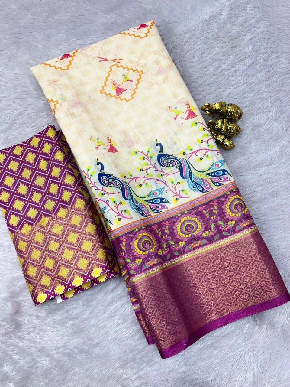 Digital Print, Floral Print, Geometric Print, Woven, Temple Border Kalamkari Cotton Linen, Linen Saree-image-34