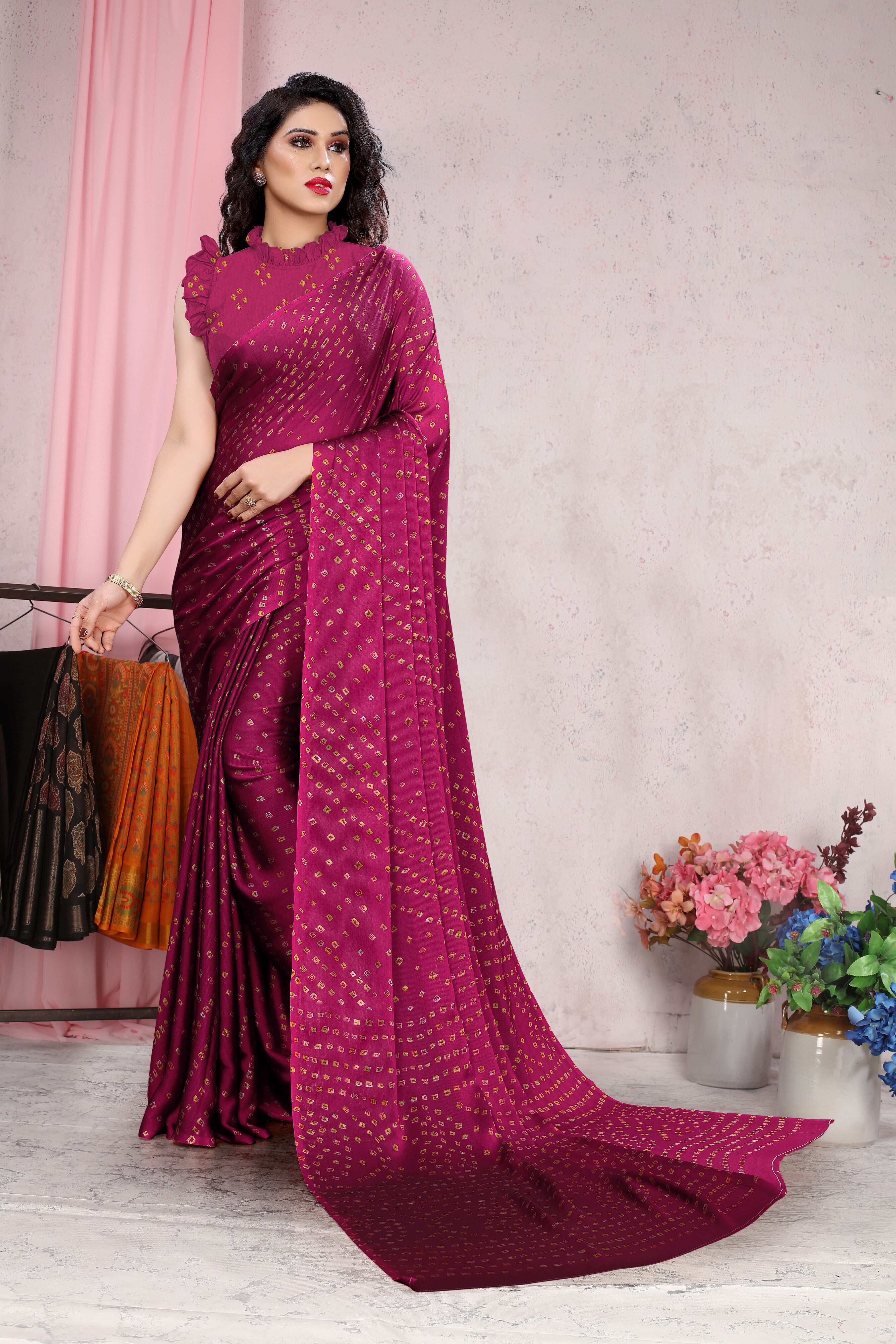 mirchi fashion Printed, Blocked Printed Bandhani Chiffon, Georgette Saree-picture-17
