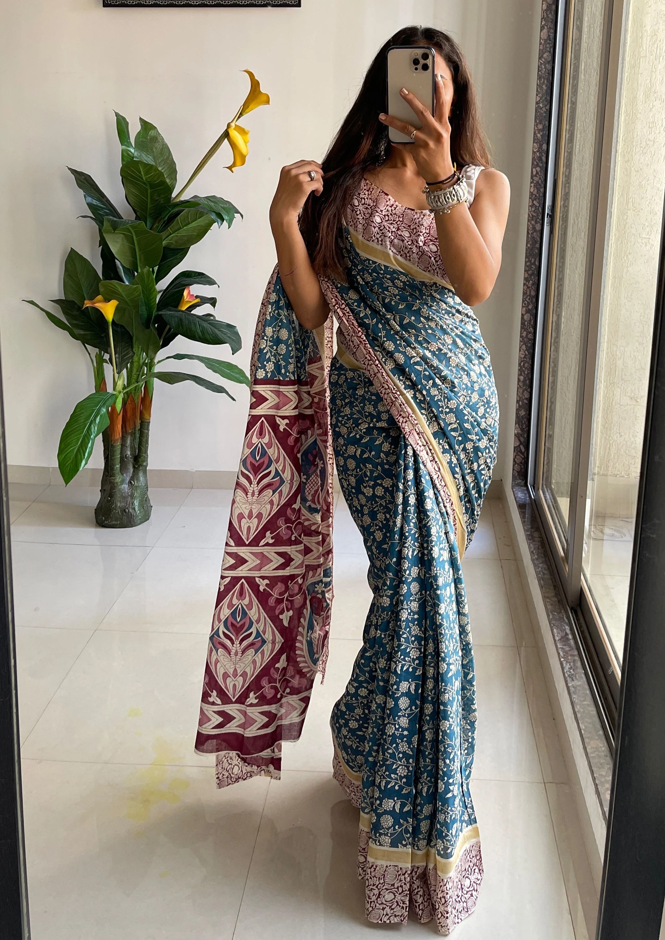 nenubrity Printed, Geometric Print, Floral Print, Color Block Daily Wear Pure Cotton Saree-picture-15