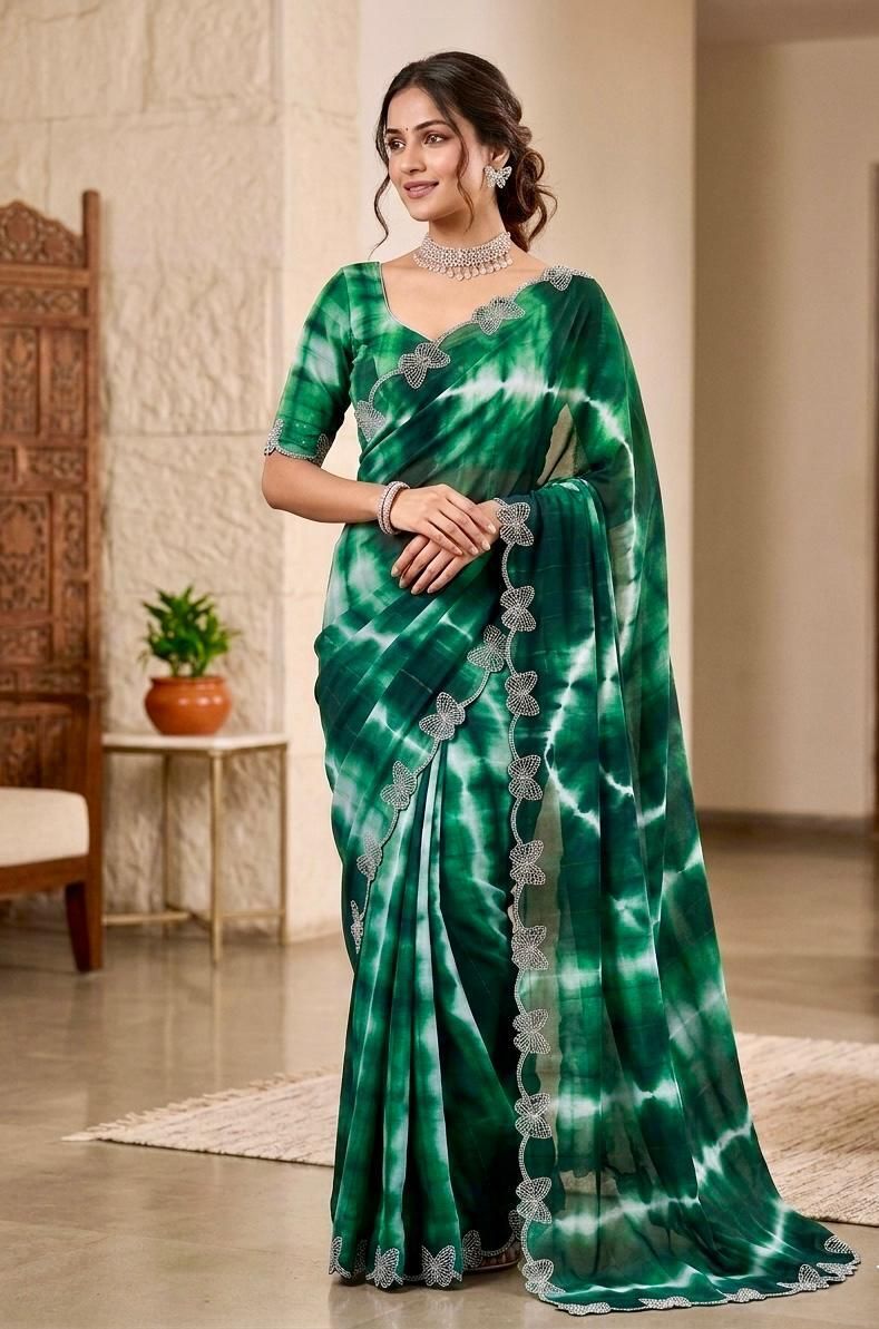 yamunaji Embellished, Floral Print Leheria Chiffon Saree-picture-24