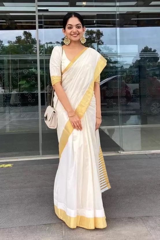 Solid/Plain, Striped Kasavu Cotton Blend Saree-image-41