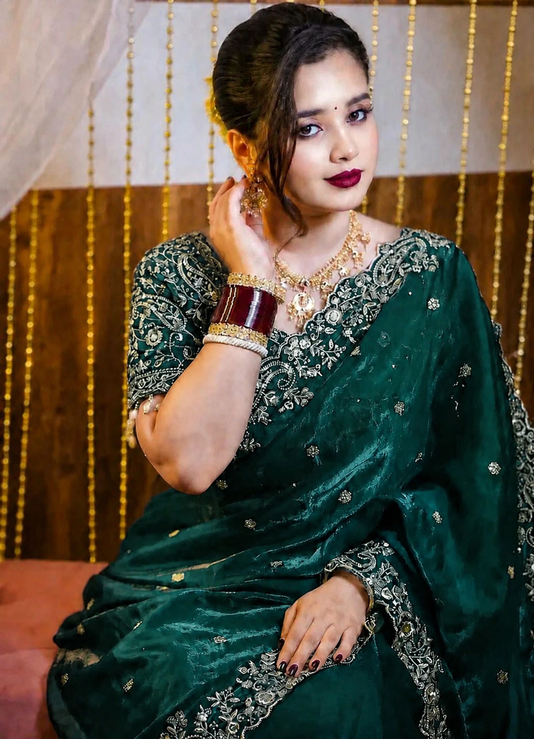 qvidya Embroidered, Embellished Bollywood Jimmy Jimmy, Satin Saree-picture-20