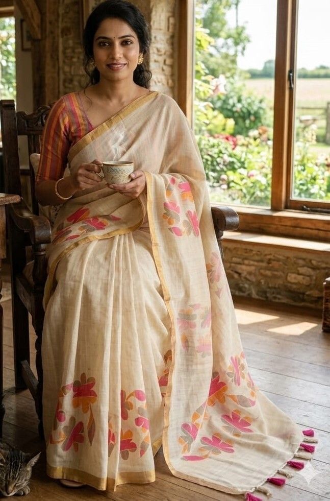liebesgewand Printed, Graphic Print, Temple Border Daily Wear Cotton Linen Saree-picture-25
