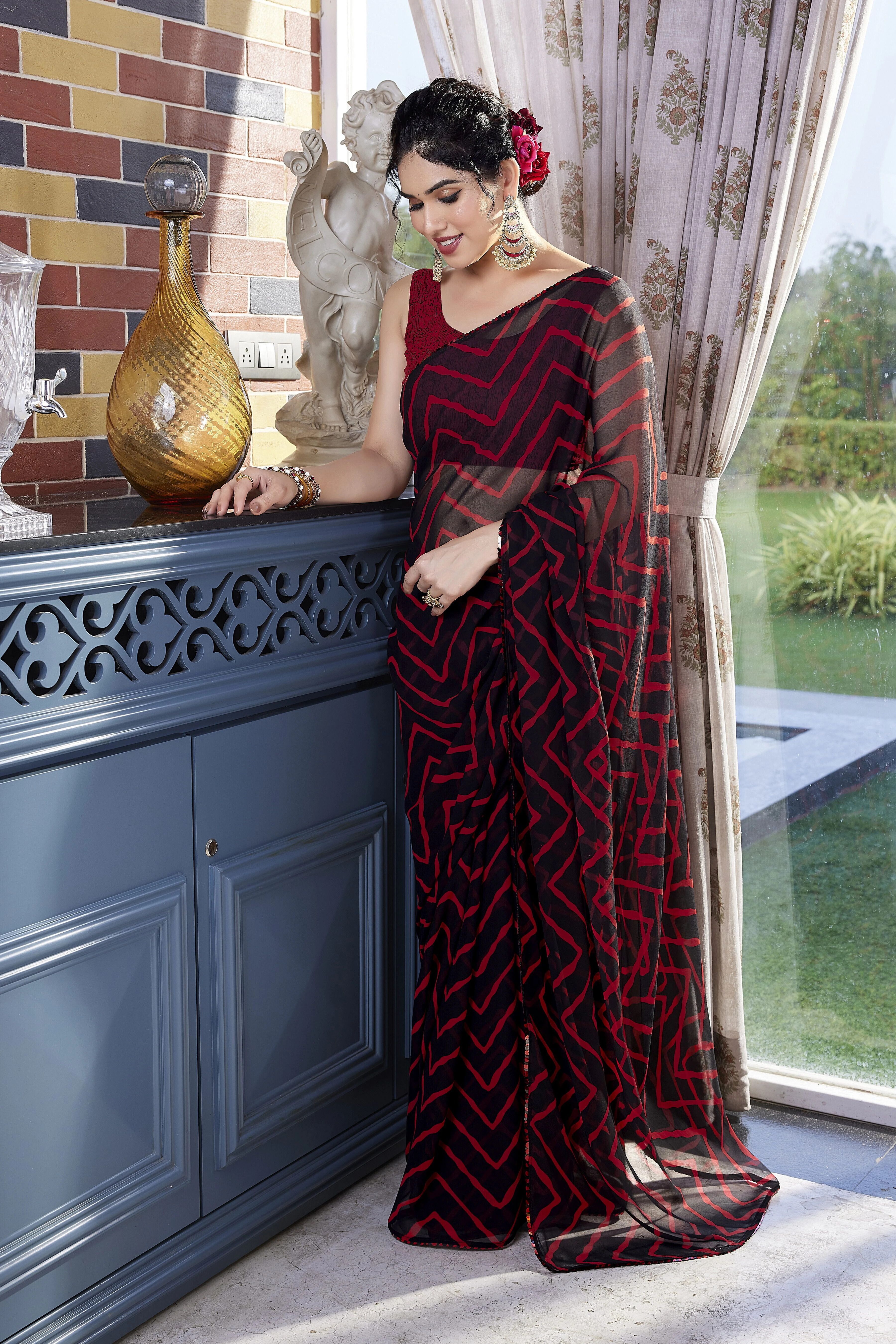 mirchi fashion Printed, Striped Leheria Georgette Saree-picture-22