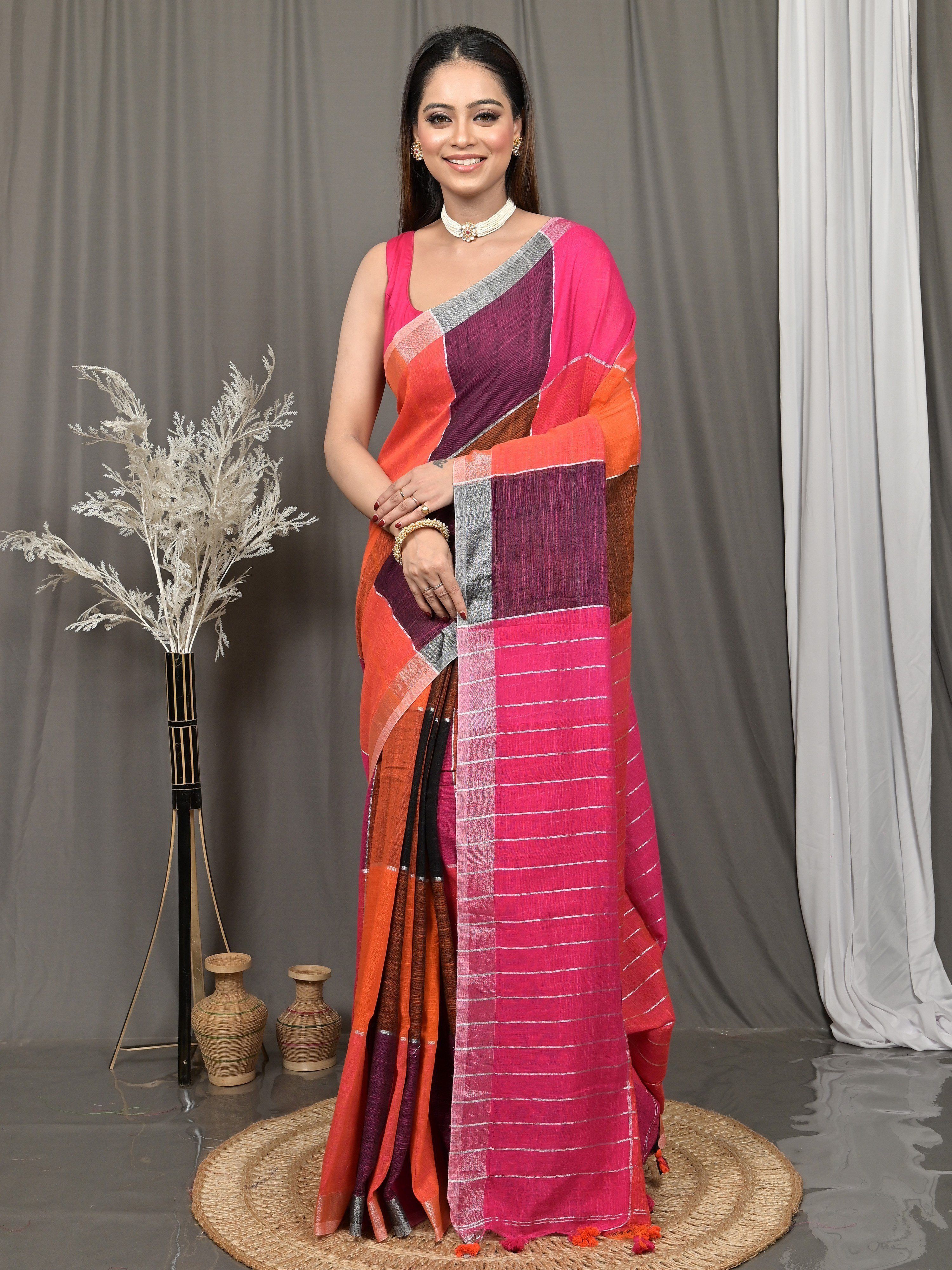 Striped, Color Block, Woven, Self Design Ikkat Pure Cotton Saree-image-44