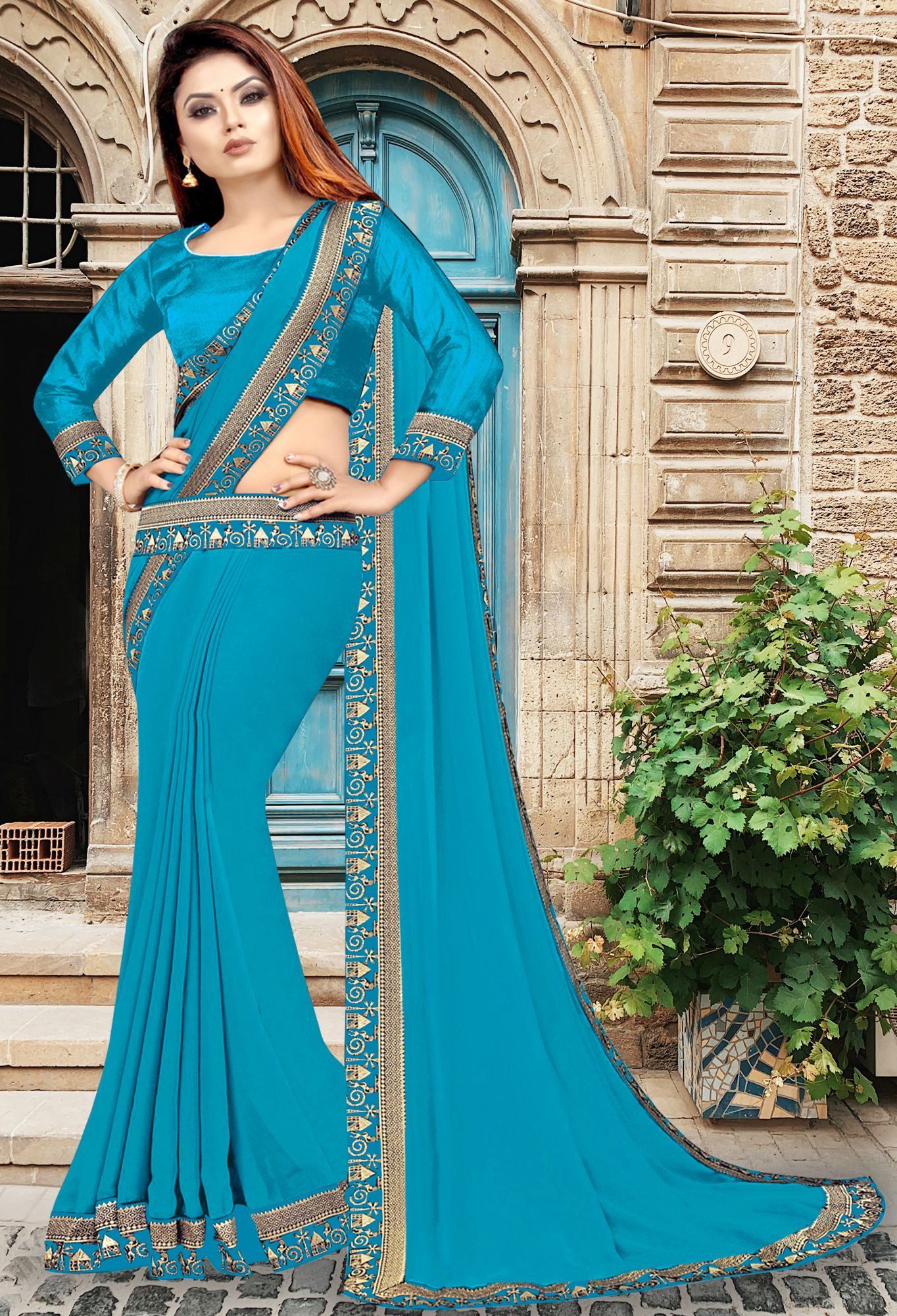 Solid/Plain Bollywood Lycra Blend, Chiffon Saree-image-48