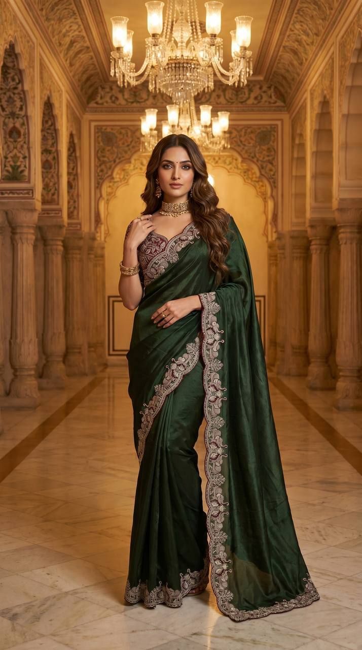 Embroidered, Floral Print, Paisley, Self Design, Solid/Plain Bollywood Satin Saree-image-21