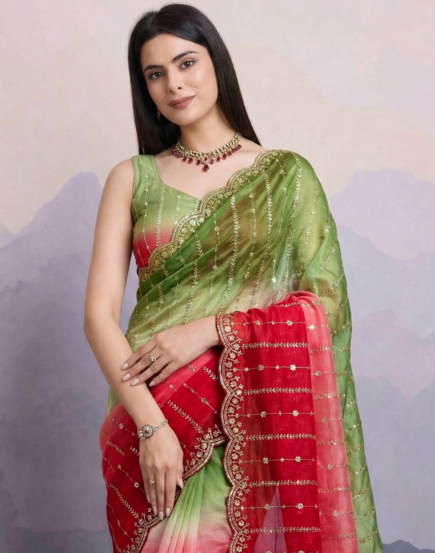satrani Embroidered, Embellished, Ombre Bollywood Chiffon Saree-picture-20