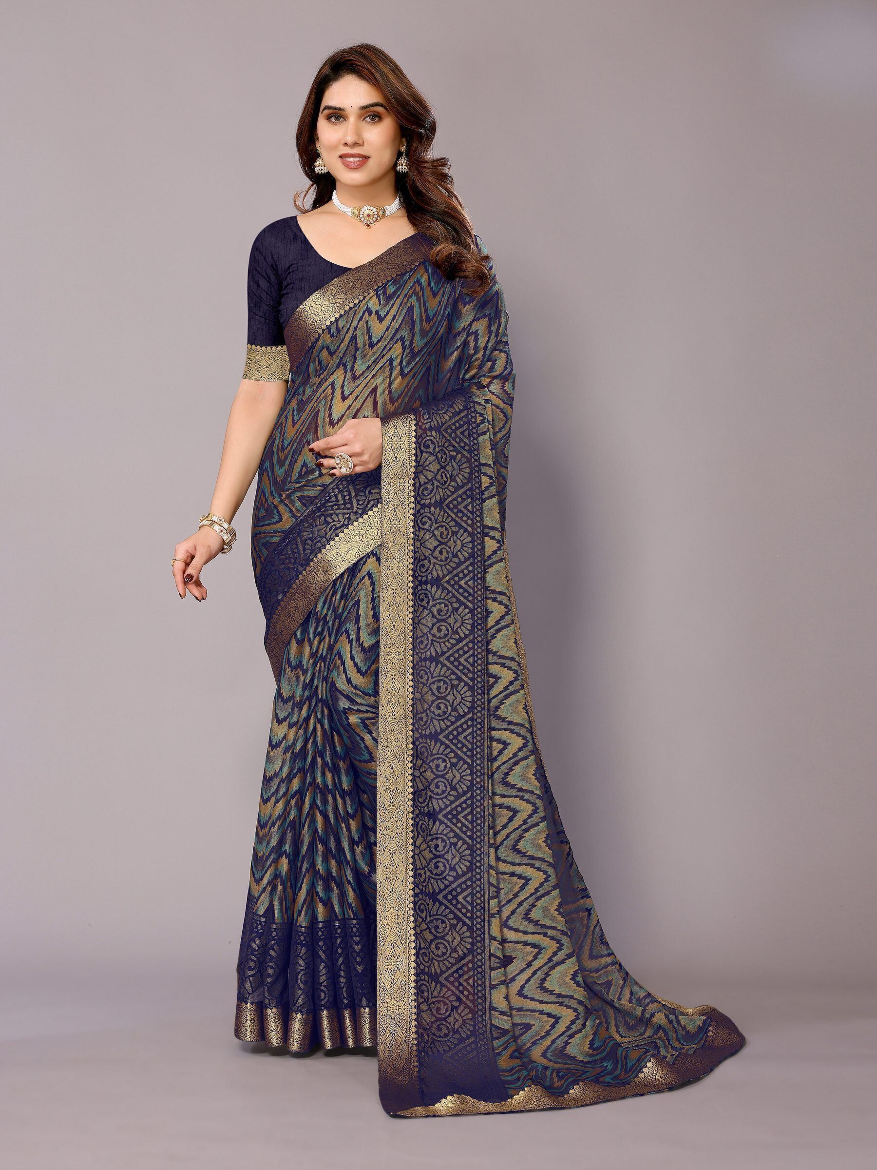 Printed Bollywood Brasso, Chiffon Saree-image-7