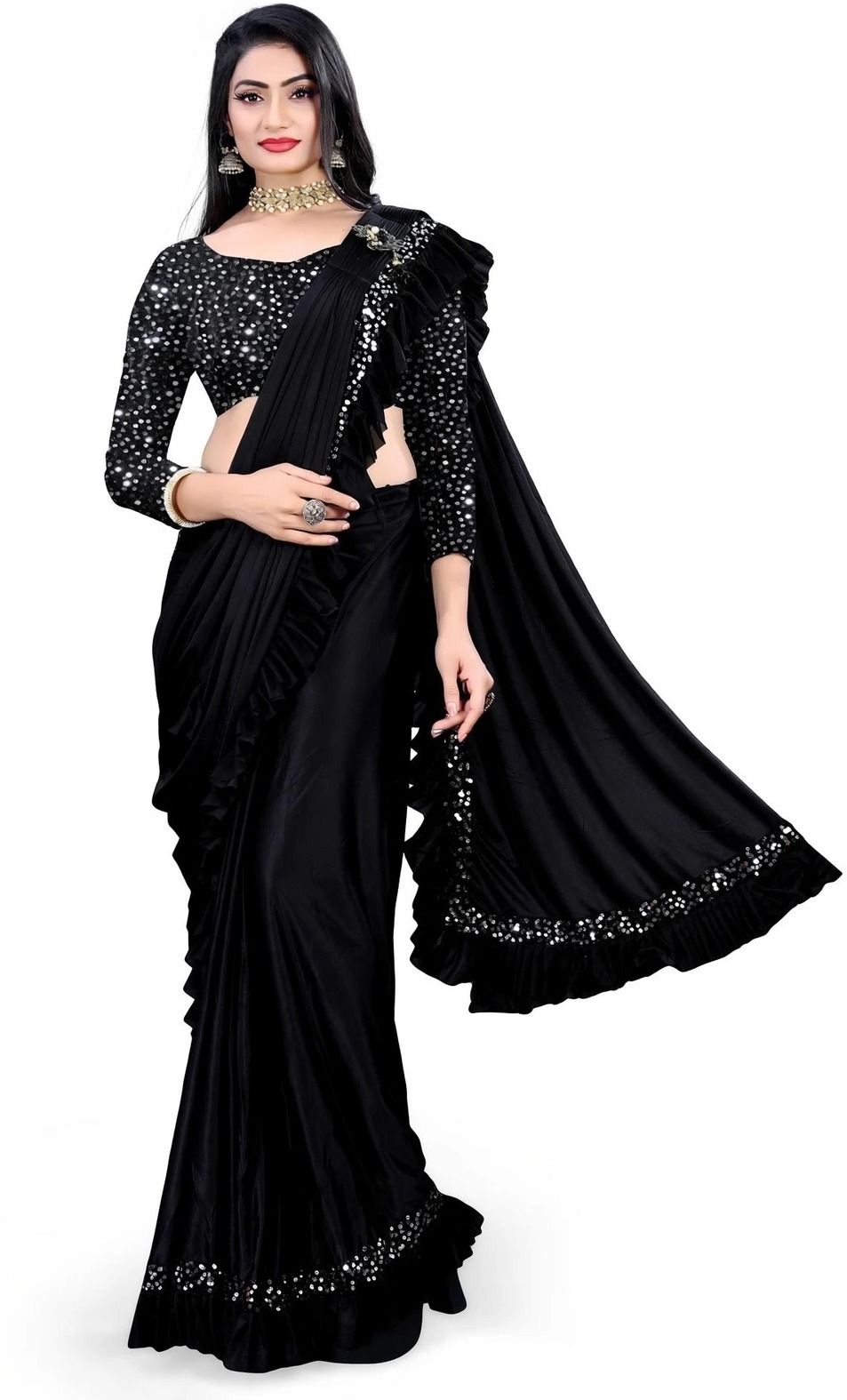 madhav Ready to Wear Embellished, Solid/Plain, Applique Pre Draped Saree Art Silk Saree-picture-11