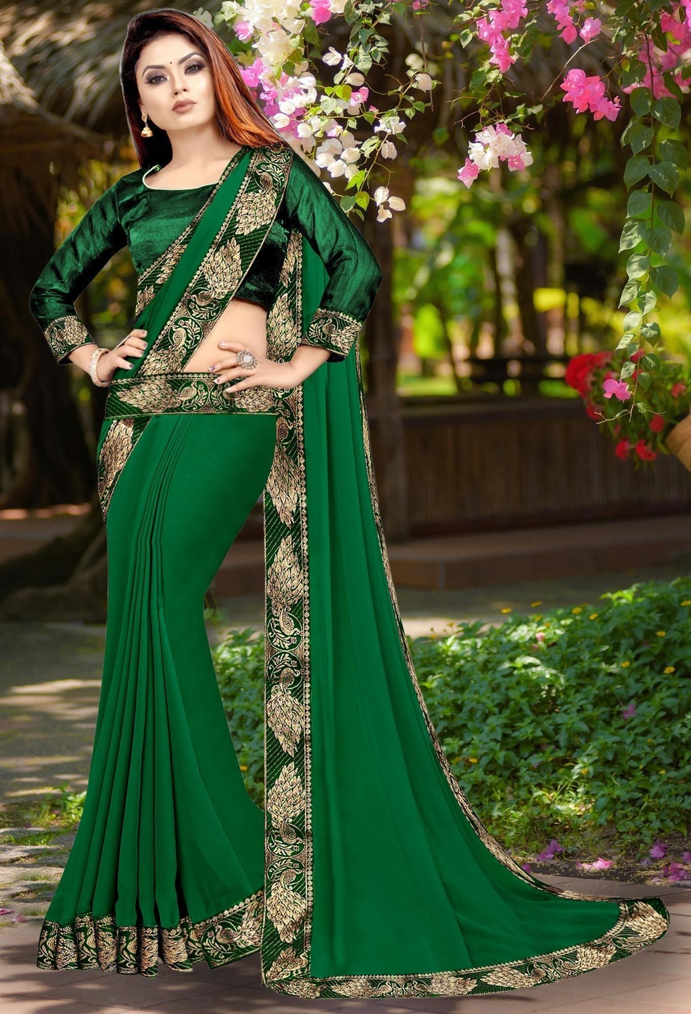 Solid/Plain Banarasi Lycra Blend, Chiffon Saree-image-36
