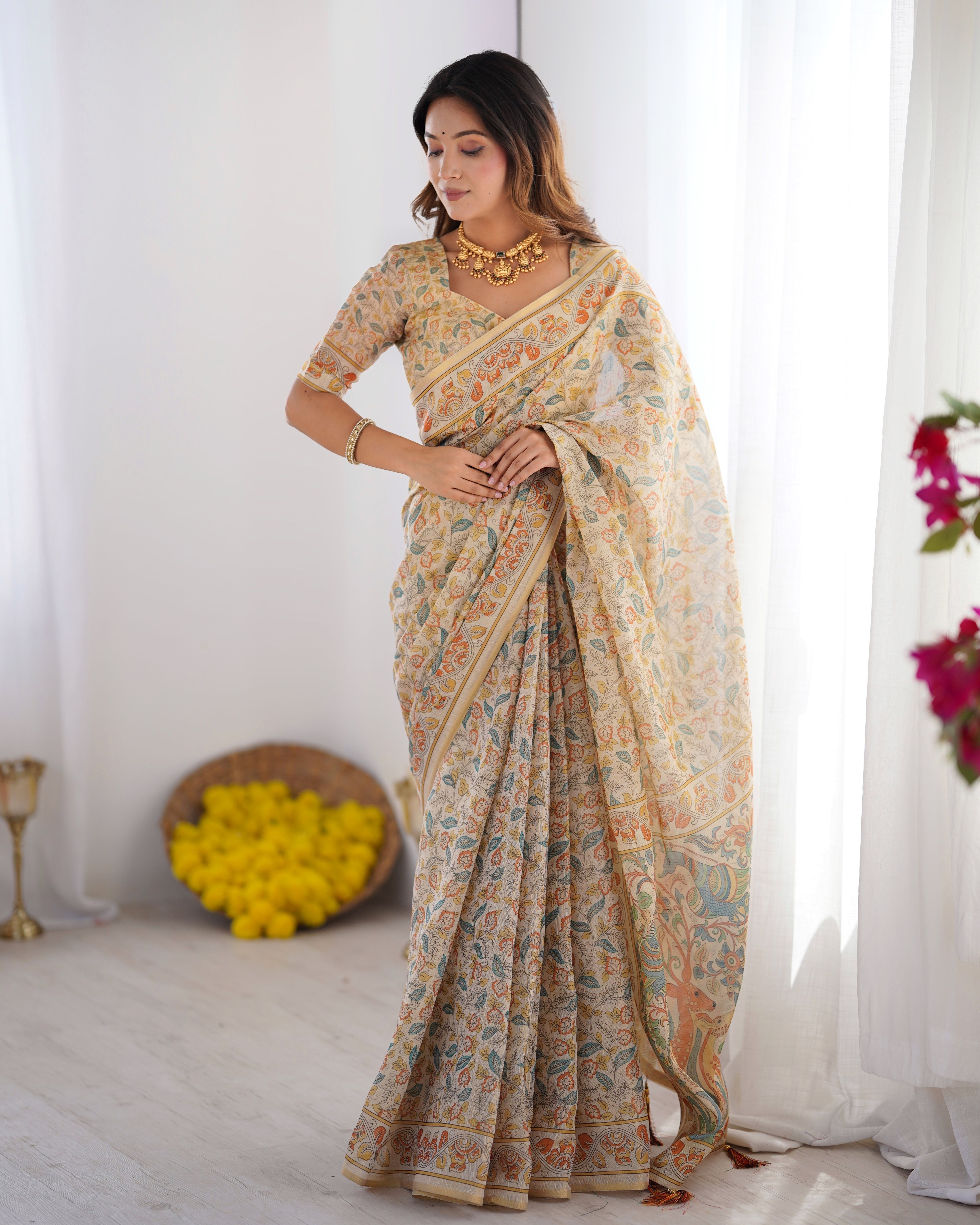 jishaa Printed, Floral Print Bollywood Linen Saree-picture-8