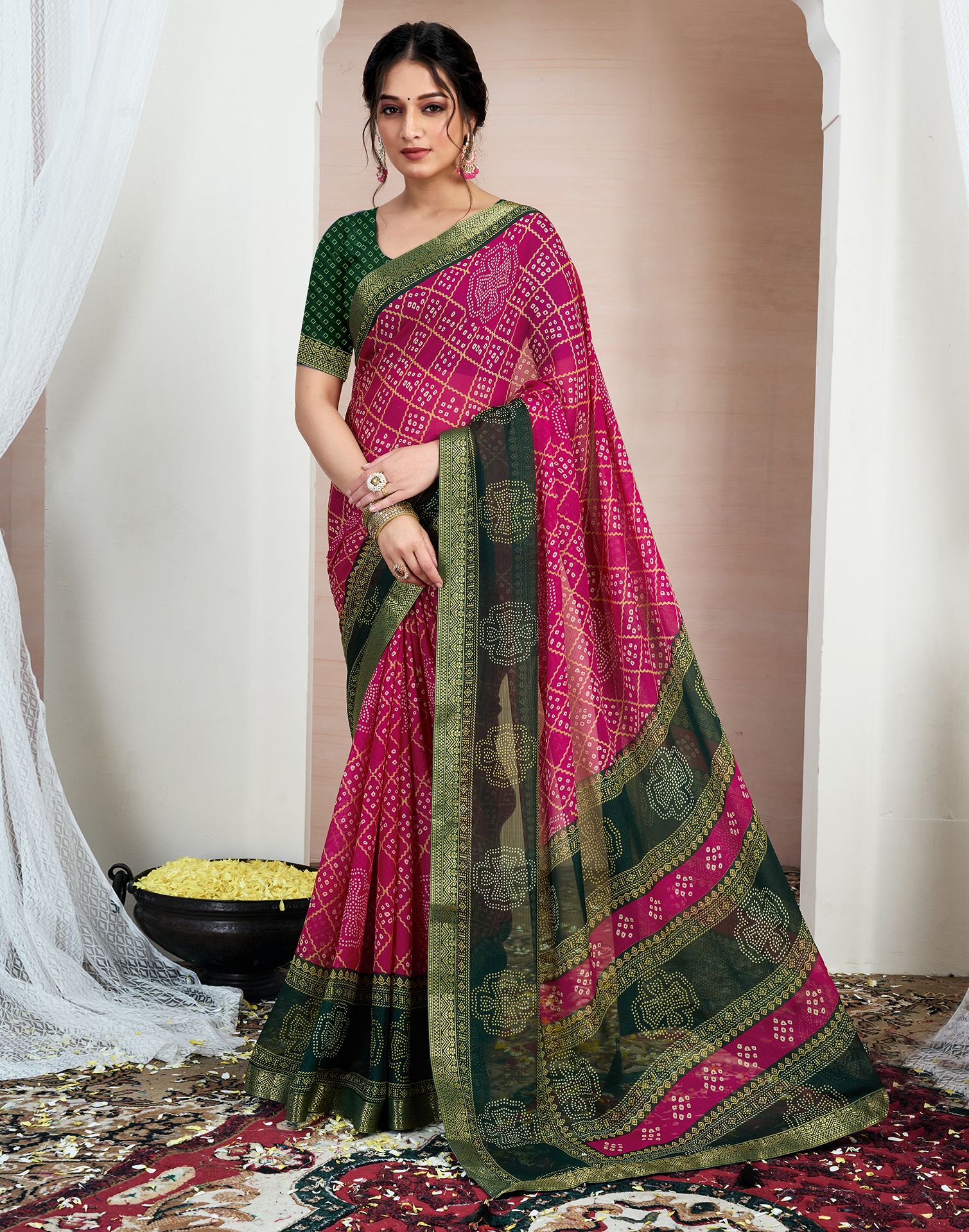 Printed, Embellished Bandhani Chiffon, Georgette Saree