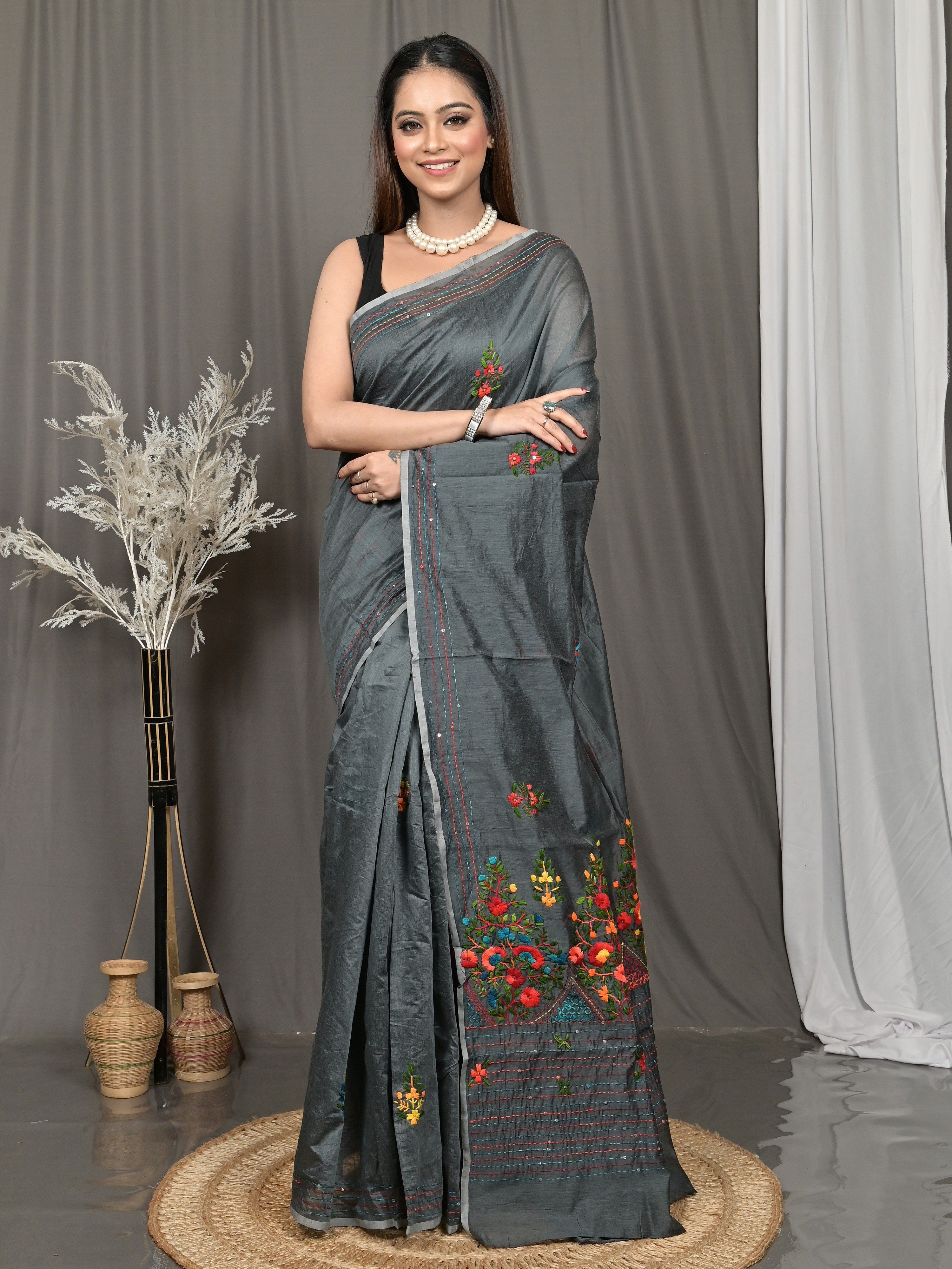 Embroidered, Self Design, Woven Handloom Cotton Blend Saree-image-35