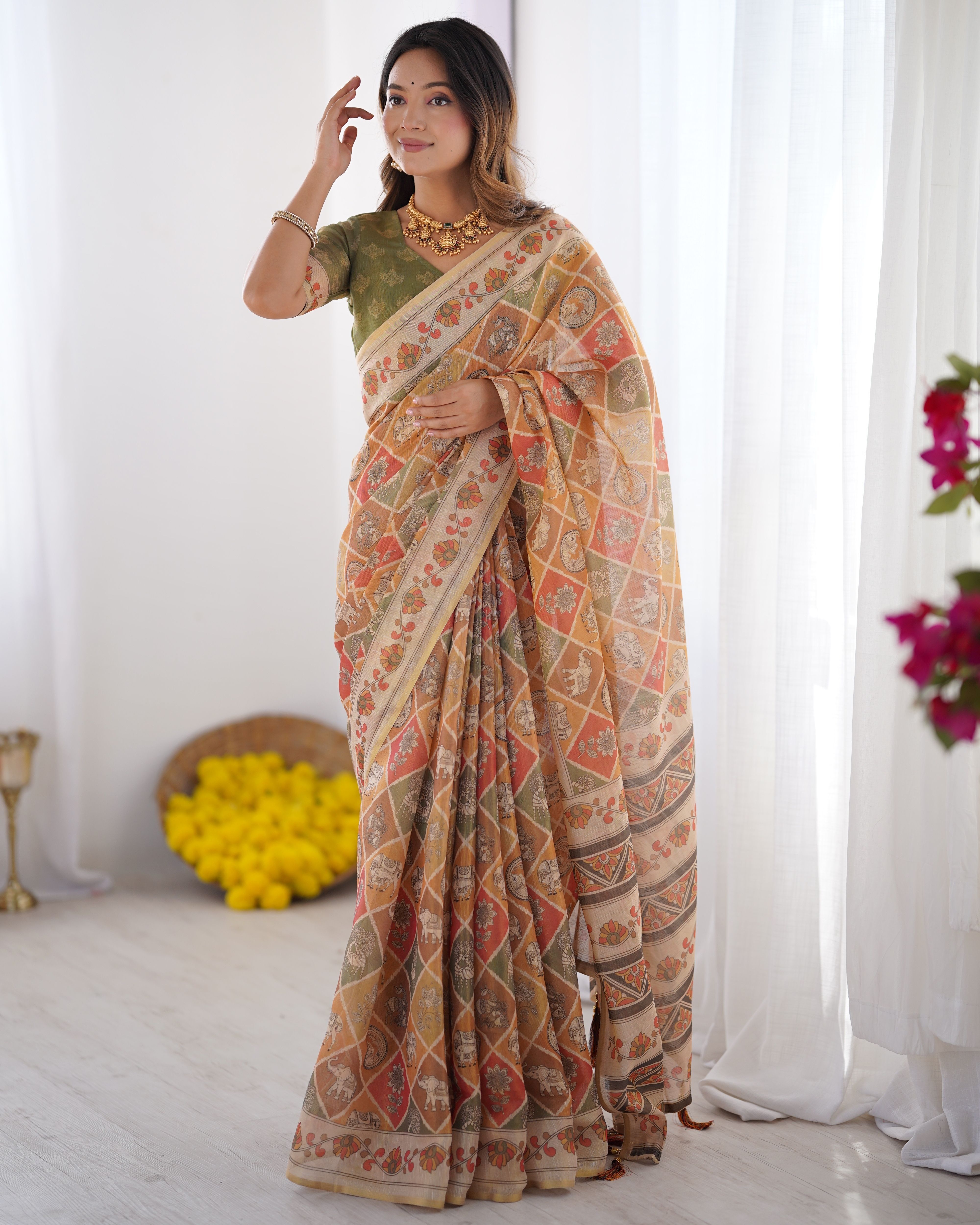 jishaa Printed, Floral Print Bollywood Linen Saree-picture-16