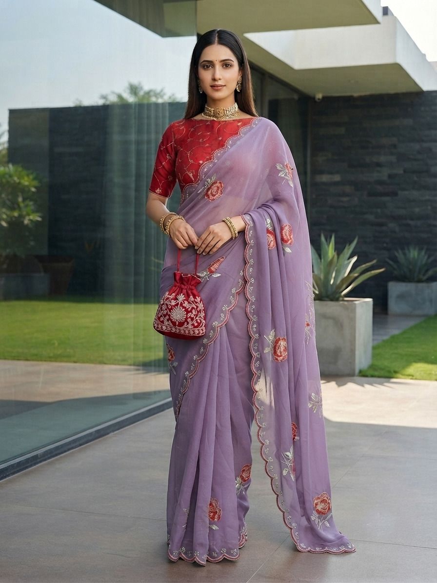 Embroidered Bollywood Chiffon Saree-image-1
