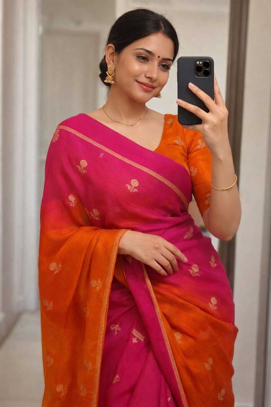 Floral Print, Solid/Plain Bollywood Khadi, Silk Blend Saree-image-32